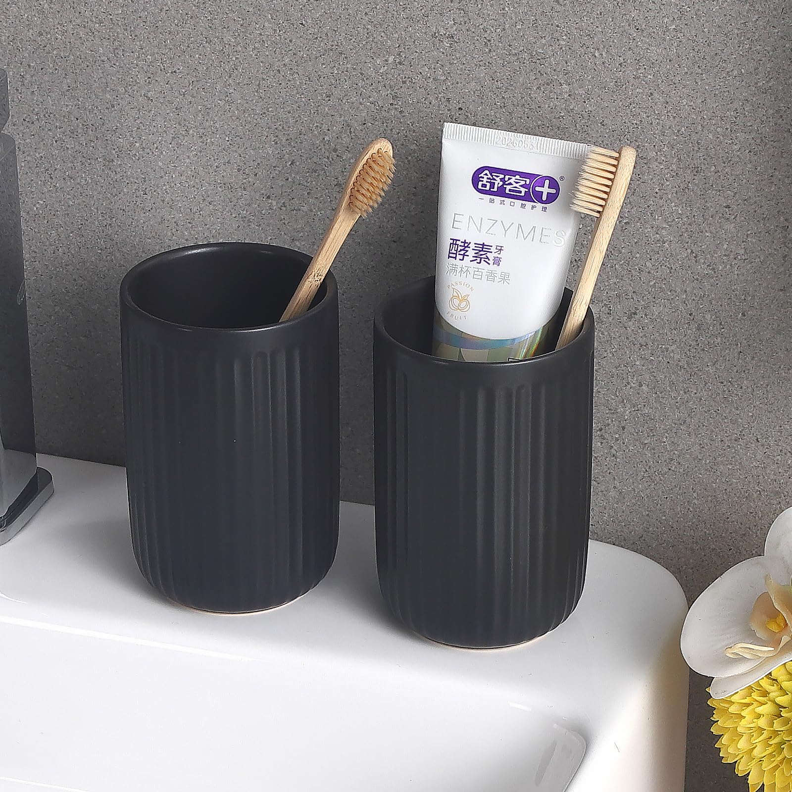 Matte Black Toothbrush Holders For Bathrooms - Ceramic Toothbrush Toothpaste Holders Set, Black Bathroom Tumbler Cups Reusable T