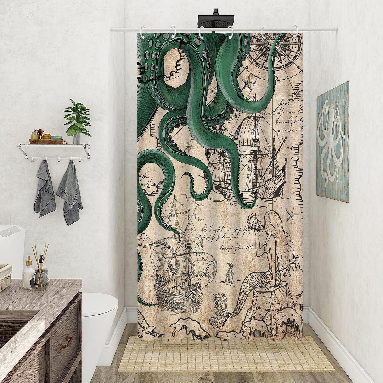 Fungarth Stall Vintage Green Nautical Octopus Shower Curtain Mermaid Funny Ocean Kraken Shower Curtains For Bathroom Cool Anchor