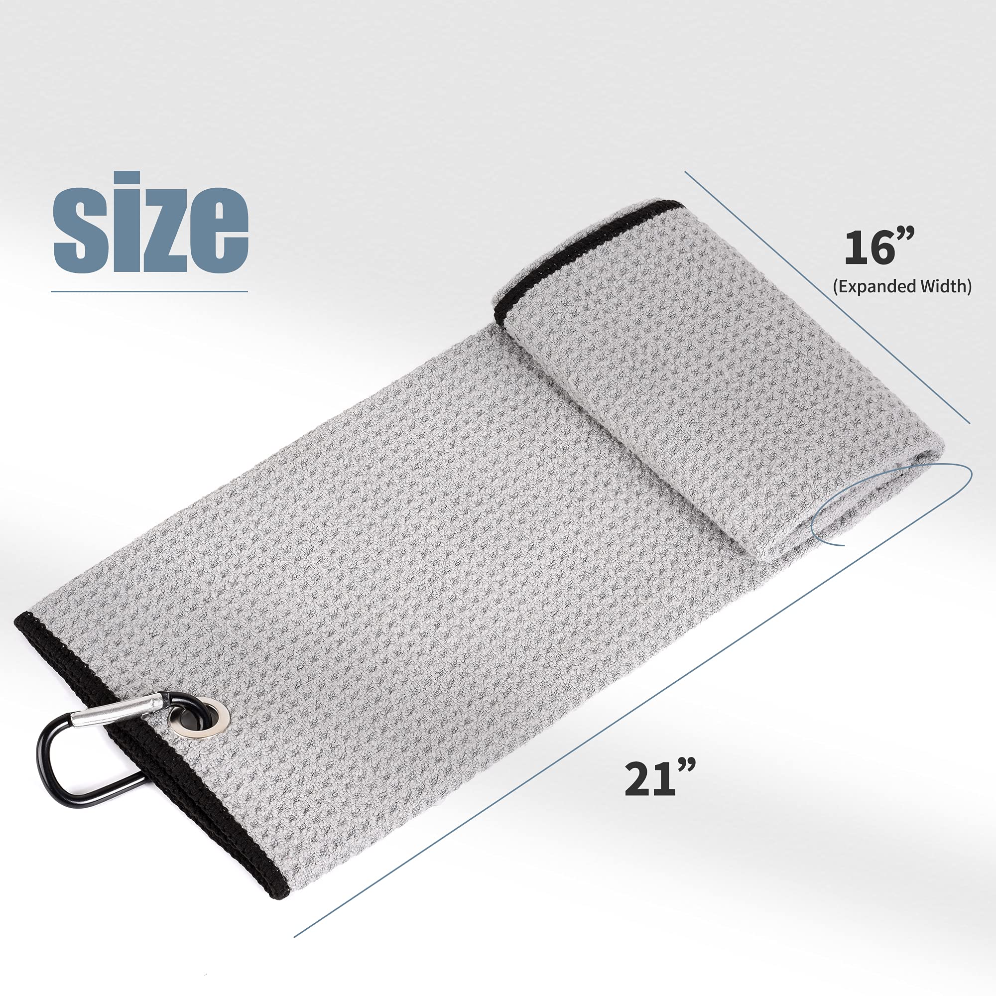 Mile High Life 2 Pack Gray Microfiber Tri-Fold Golf Towels With Carabiner Clip, 16X21In, Water Absorbent, Easy To Wash And Carry