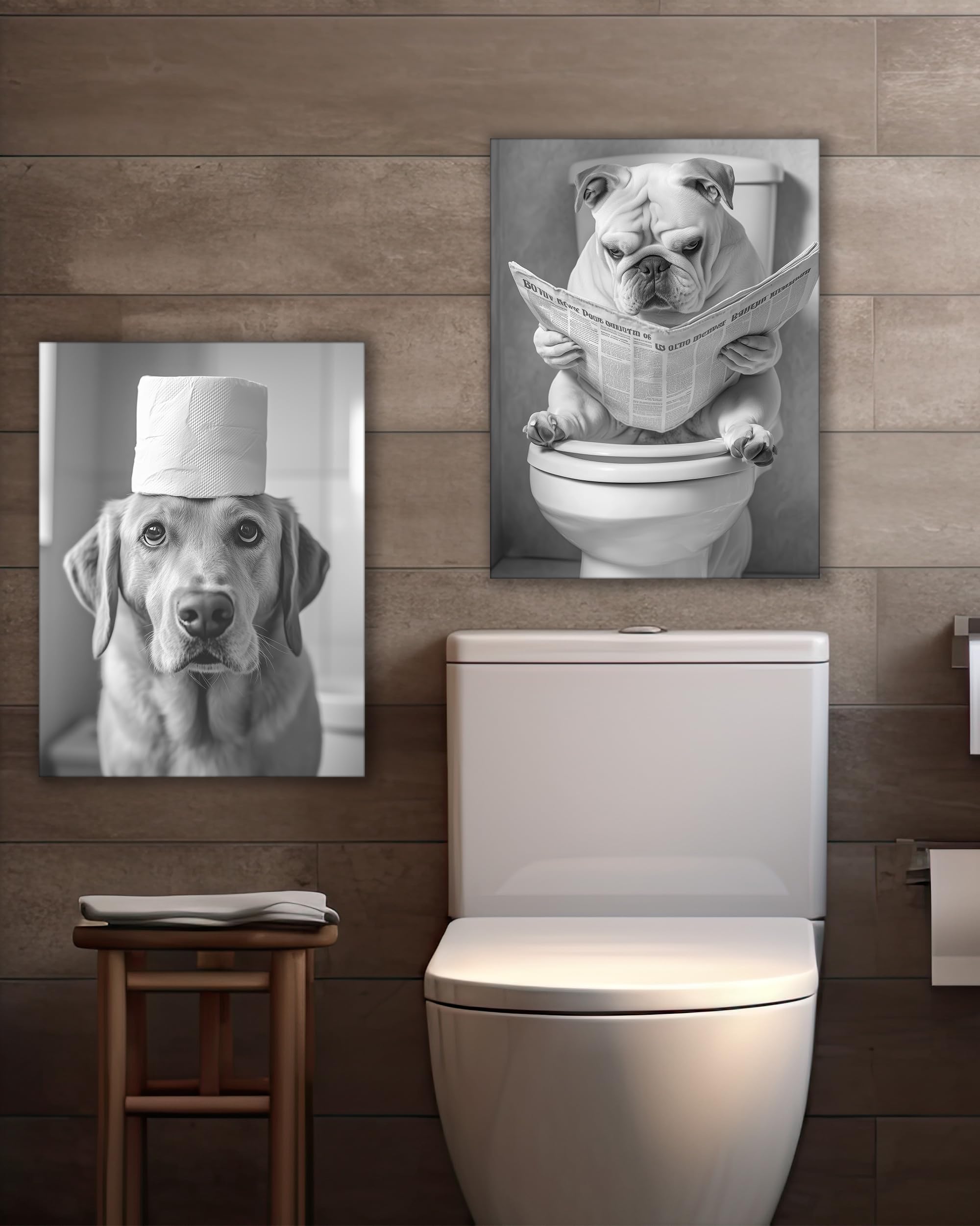 Upwoigh Bathroom Wall Art, Black And White French Bulldog Dog Reading The Newspaper Wall Docer, Wood Framed Canvas Wall Art Anim