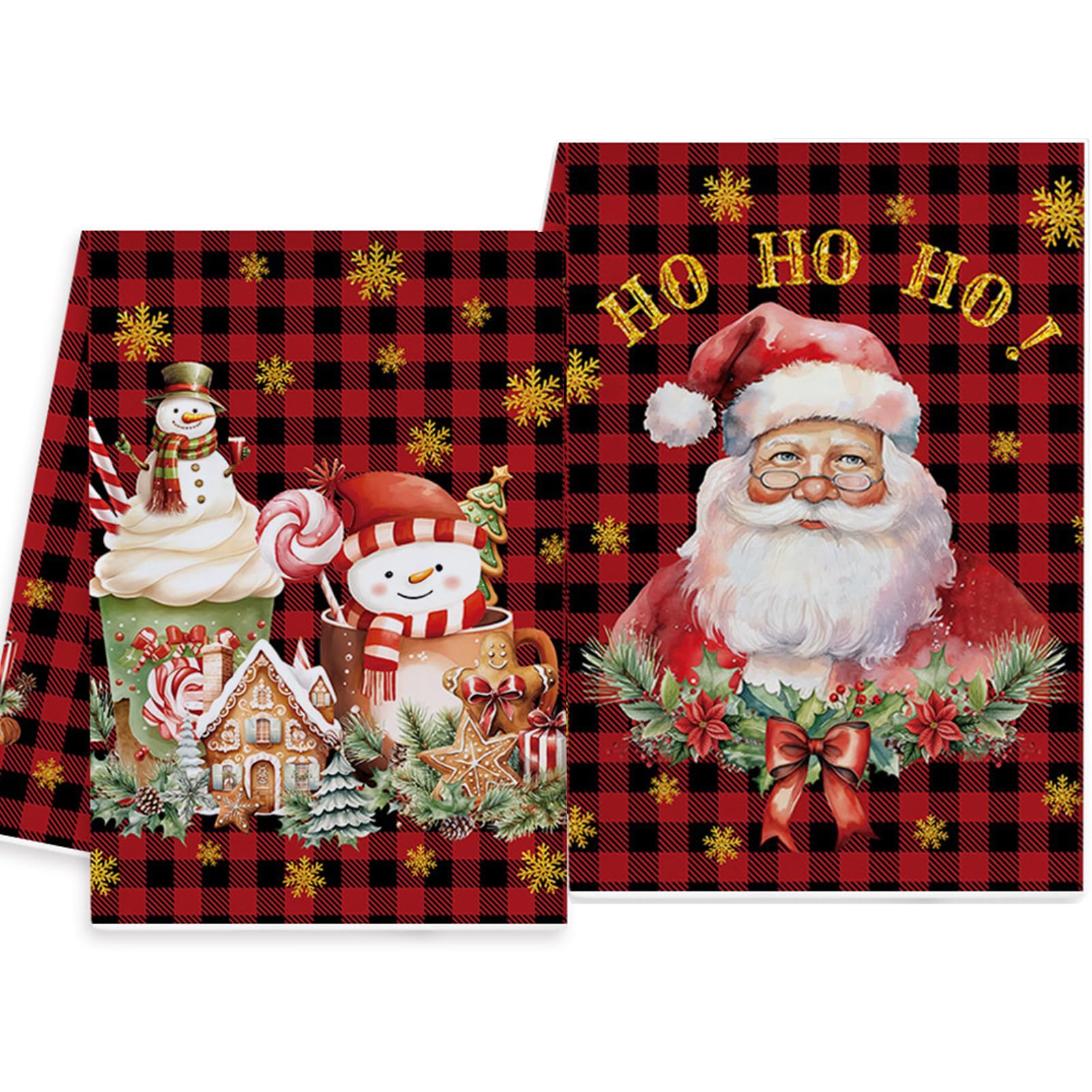 Christmas Kitchen Towels Set Of 2, Black Red Plaid Cute Santa Claus Snowman Dish Towels, Holiday Farmhouse Kitchen Towels Funny