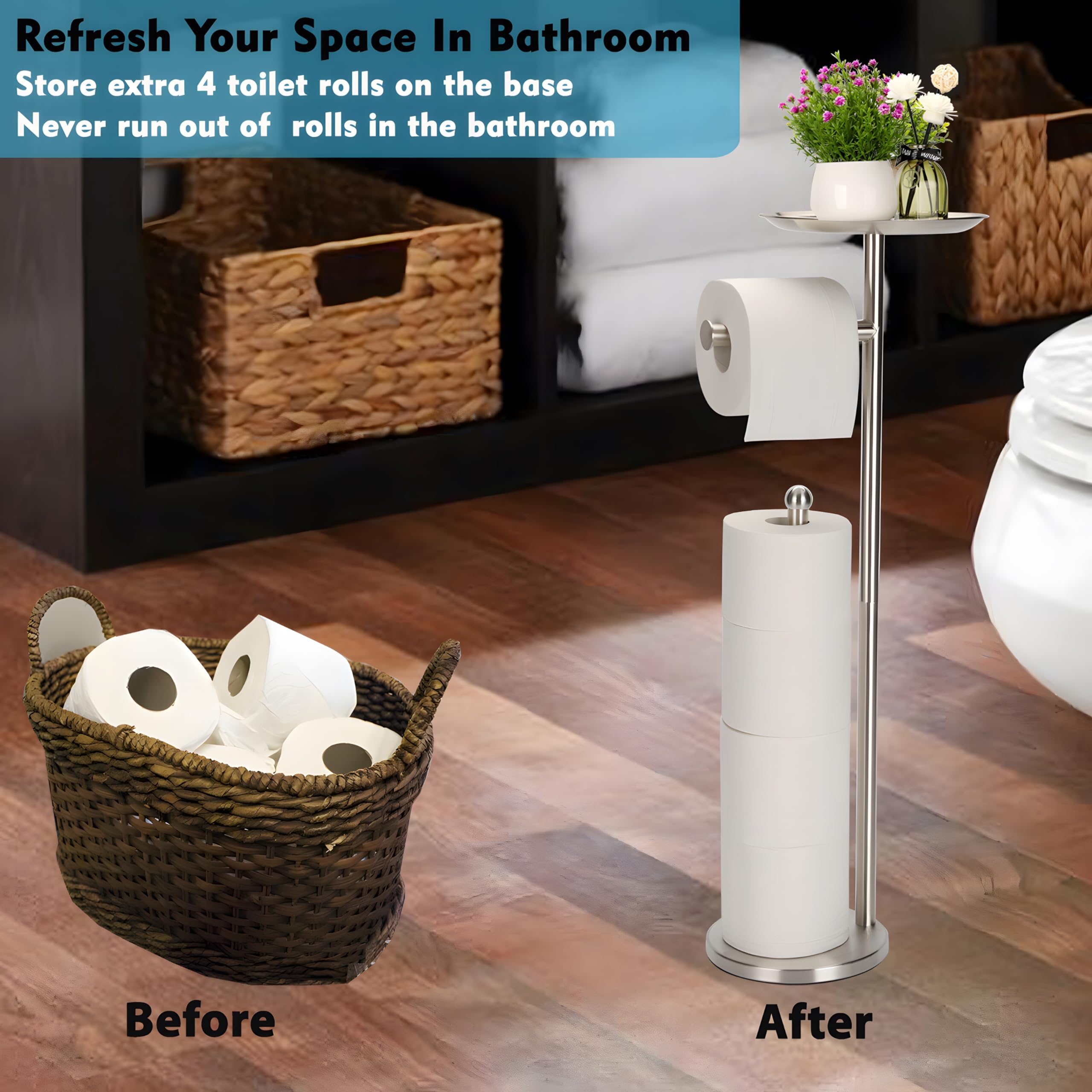 Noonext Toilet Paper Holder With Stainless Steel Tray At The Top For Bathroom, Heavy Base No Tipping Over (Stainless Steel, Brus