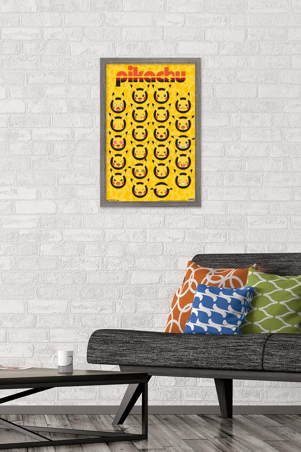 Trends International Pok  Mon - Pikachu Faces Wall Poster, 14.725'' X 22.375'', Barnwood Framed Version