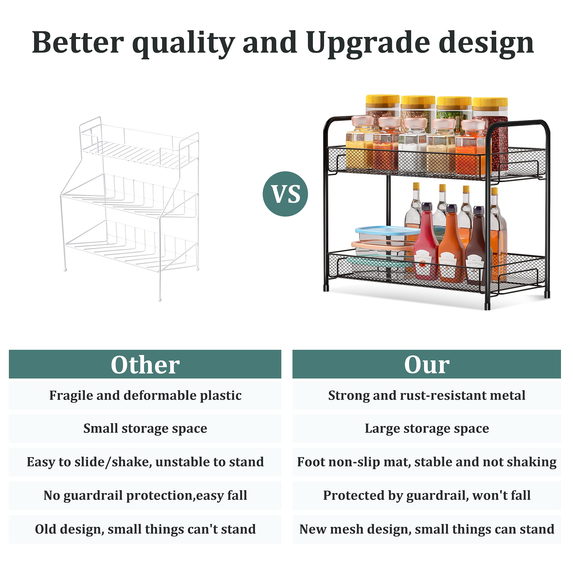 Xpatee Spice Rack Organizer for Countertop 2 Pack, 2-Tier Counter Foldable Metal Standing Large Seasoning Storage Shelf for Kitc