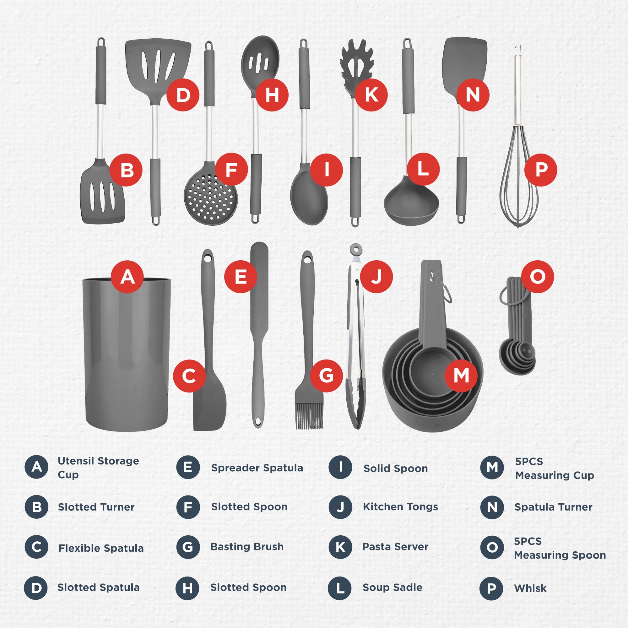 Culinary Couture 24-Piece Grey Stainless Steel & Silicone Cooking Utensil Set  Heat-Resistant Cooking Utensils  Non-Scratching Kitchen Cooking Utensils  Includes a Bonus Recipe E-Book