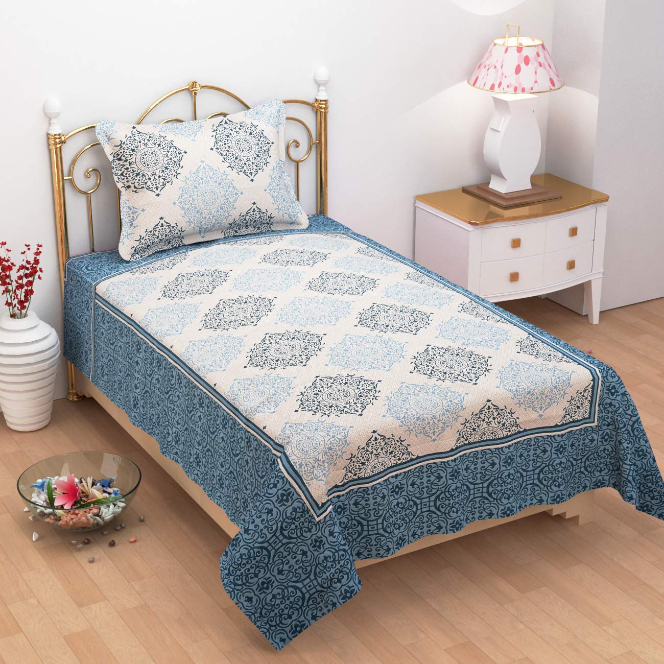 F2L Reversible Bedsheet For Single Bed Cotton Fabric (Single Bed, Aqua1), Size 60 X 90,With One Pillow Cover