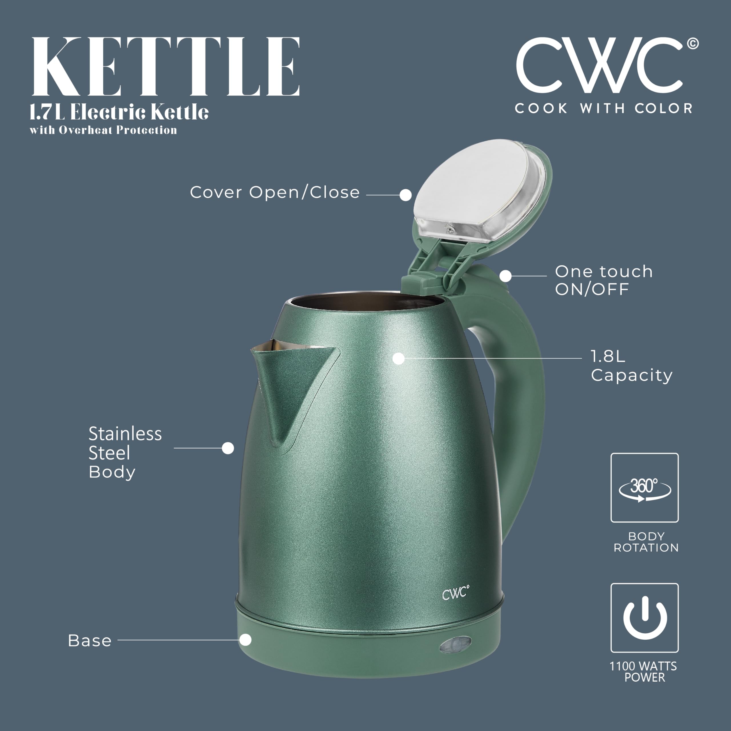 Cook With Color Electric Kettle - 1100W, 1.7L, Fast Boil, Auto Shut-Off, Swivel Base, Stainless Steel, Sage