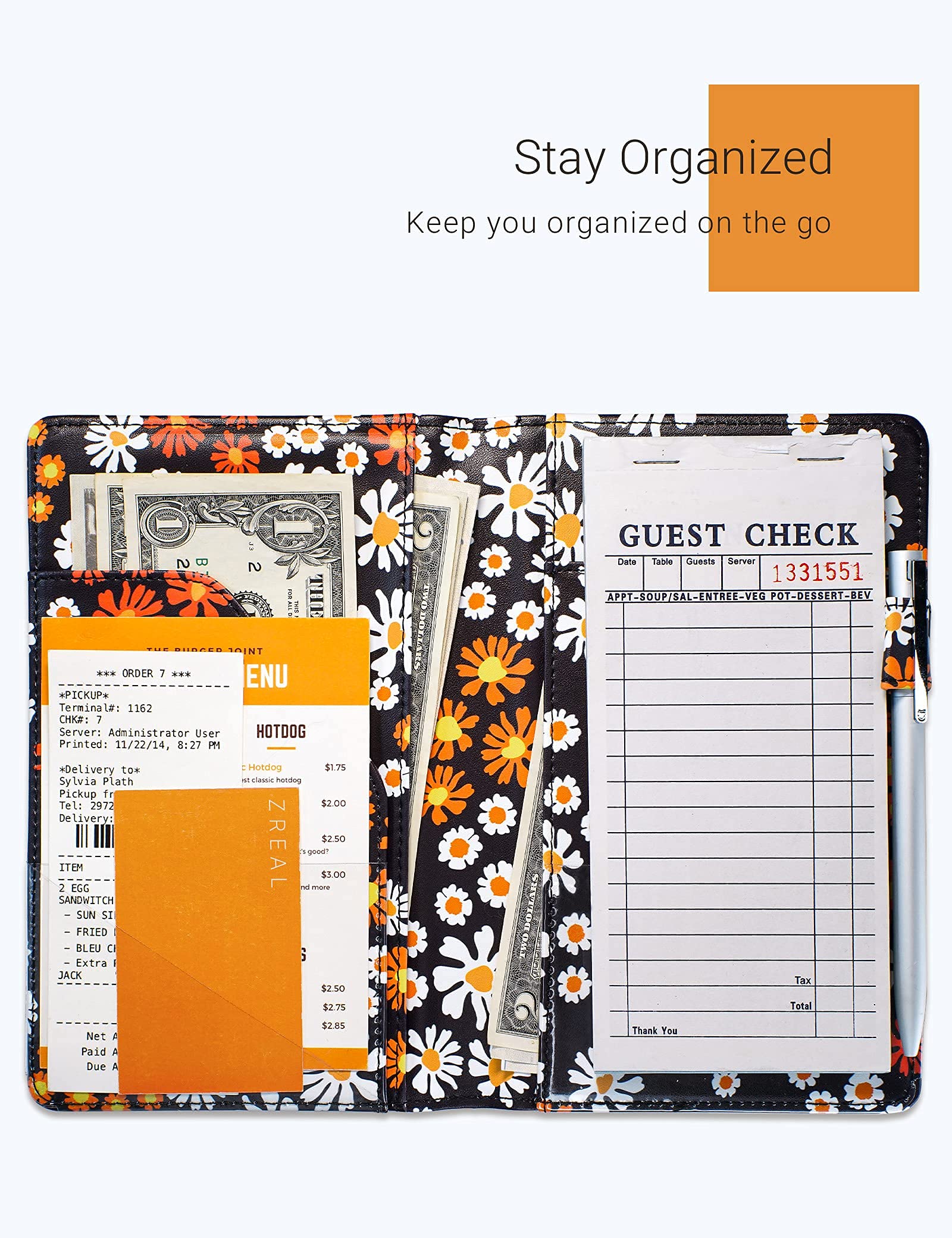 Zreal Server Book 4.7 X 7.5 Server Books for Waitress Book with Money Pockets  Cute Waiter Book Serving Book  Server Checkbook Booklet  Pen Holder for Server Wallet (Daisy)