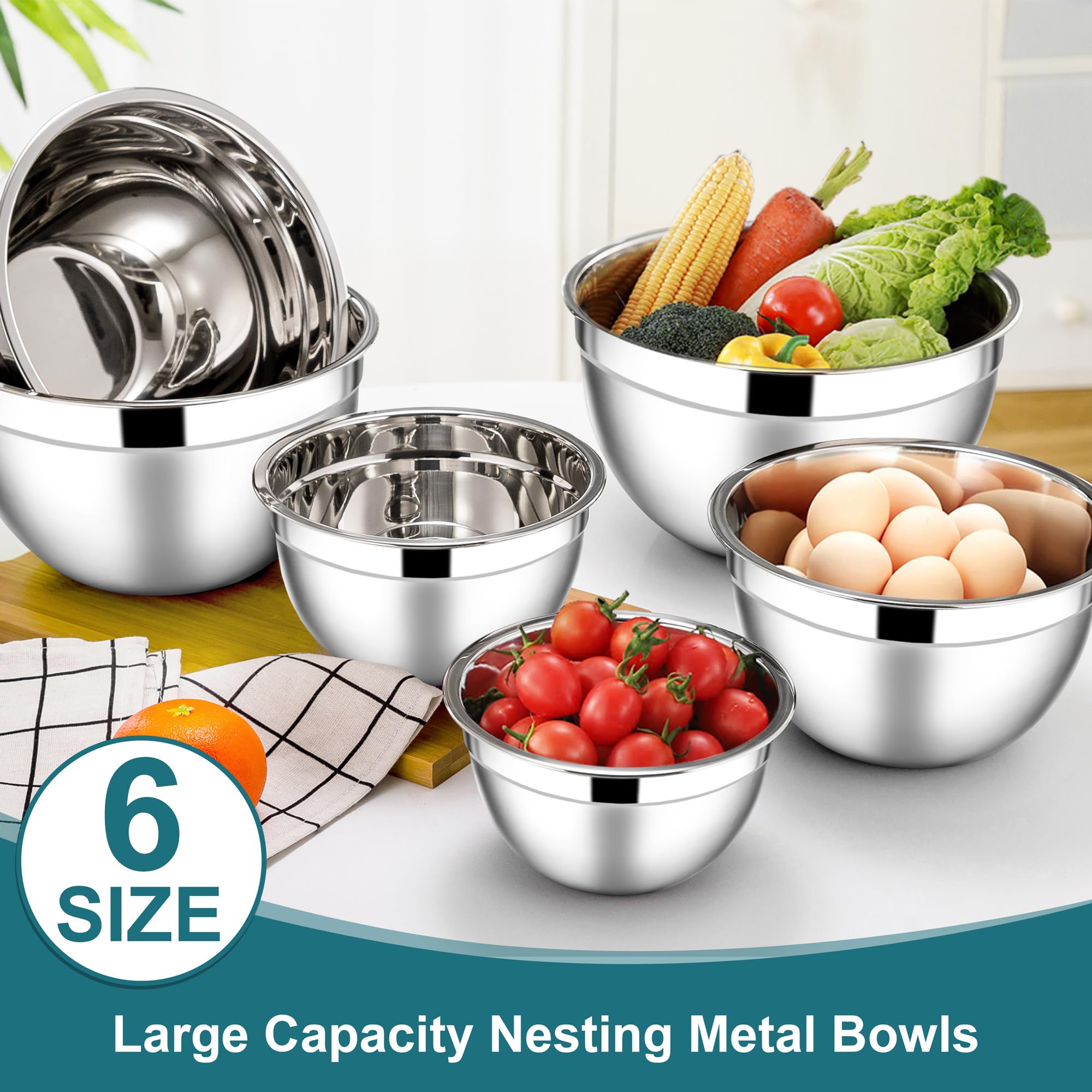 E-Far Mixing Bowls With Lids, 12-Piece Stainless Steel Salad Bowls Metal Nesting Bowls For Baking Cooking And Prepping, Airtight
