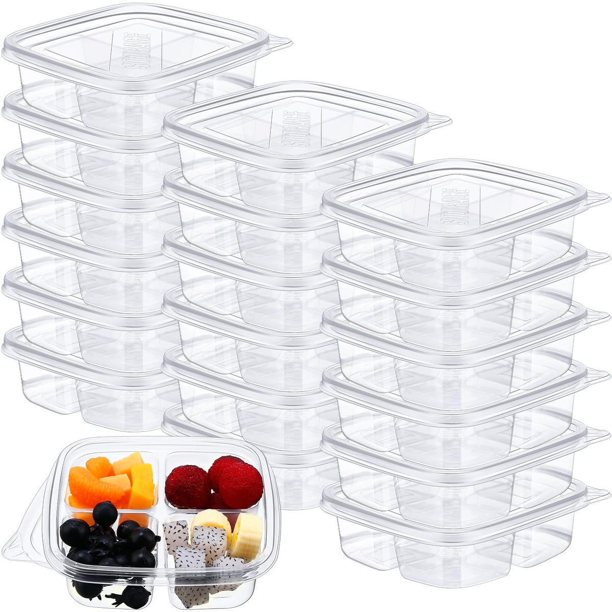 Dandat 50 Pcs Clear Plastic Bento Boxes 4 Compartment Reusable Snack Containers Leakproof Food Container Food Prep Bento Box Wit