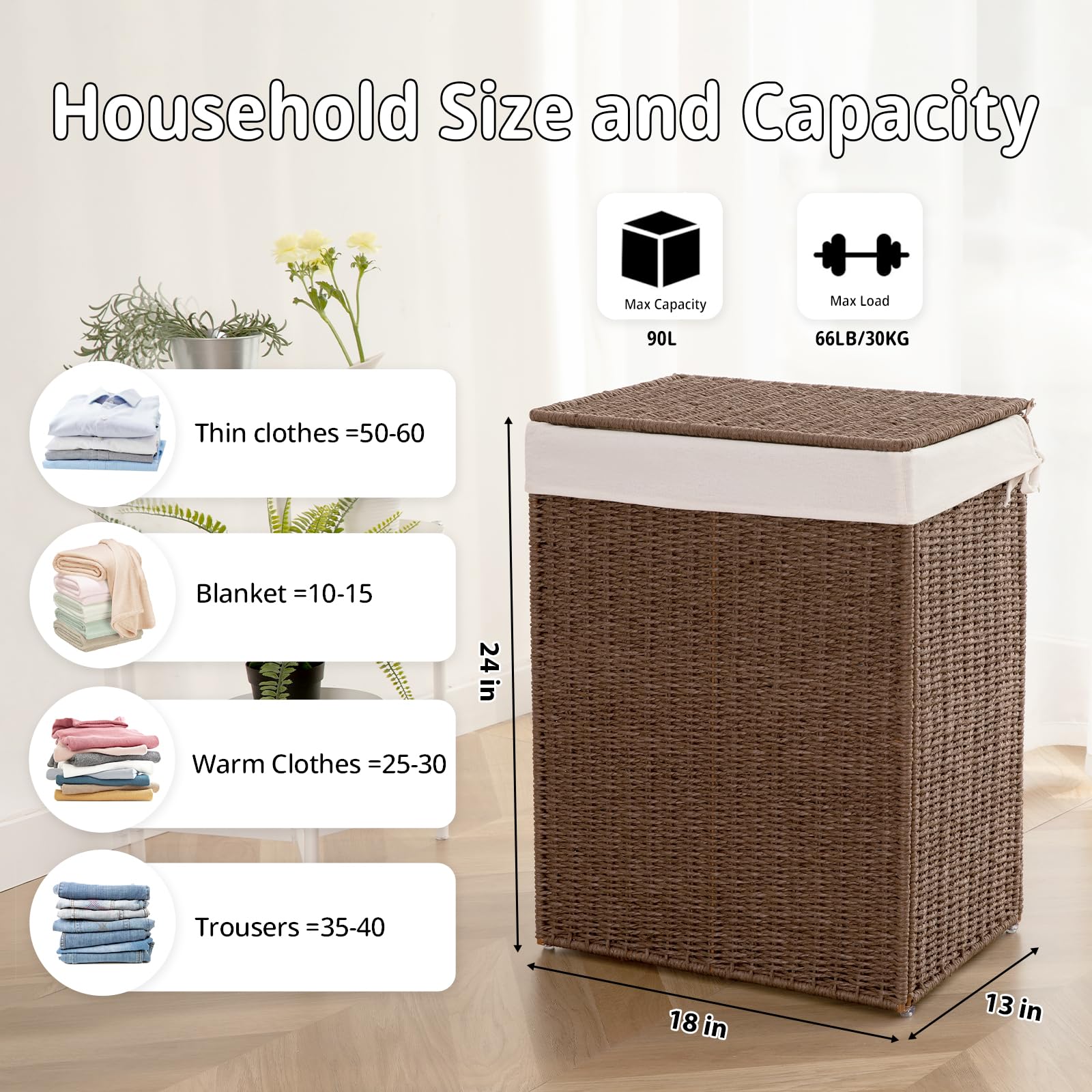 OIAHOMY Laundry Hamper - 90L Brown Wicker Basket with Lid & Removable Liner, Handwoven Storage with Handles for Bedroom & Laundry Room