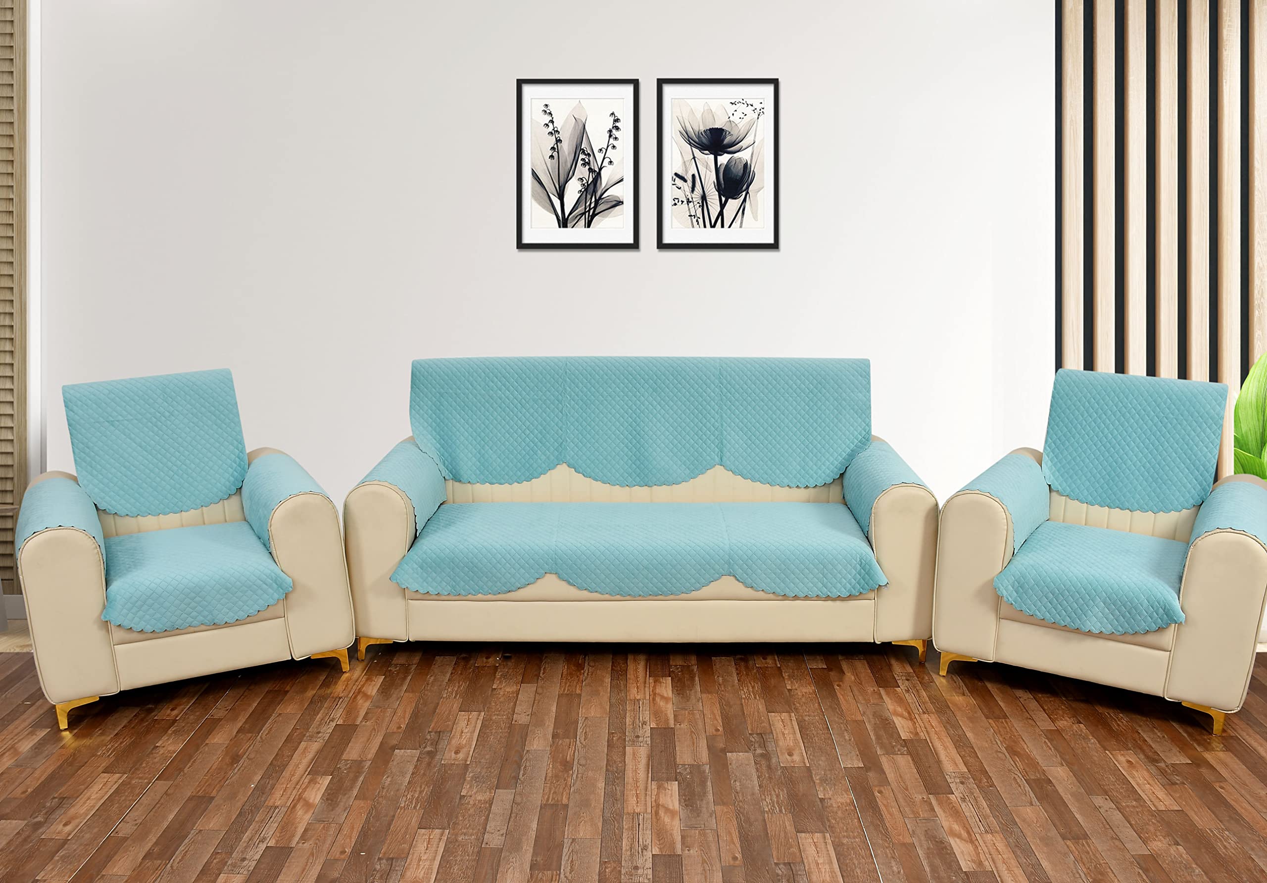 Yellow Weaves 5 Seater Self Design Quilted Sofa Cover And Chair Cover With Arm Cover, Seat & Back Cover, Color - Sky Blue