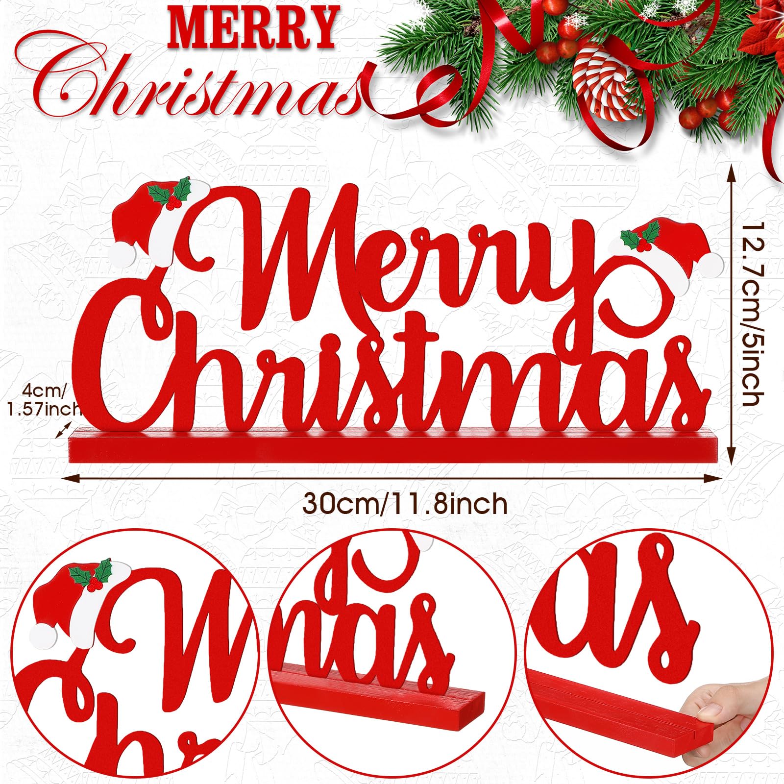 Realspring Merry Christmas Metal Sign Red Christmas Table Decoration Xmas Tiered Tray Decor Freestanding Metal Word Sign with Wo