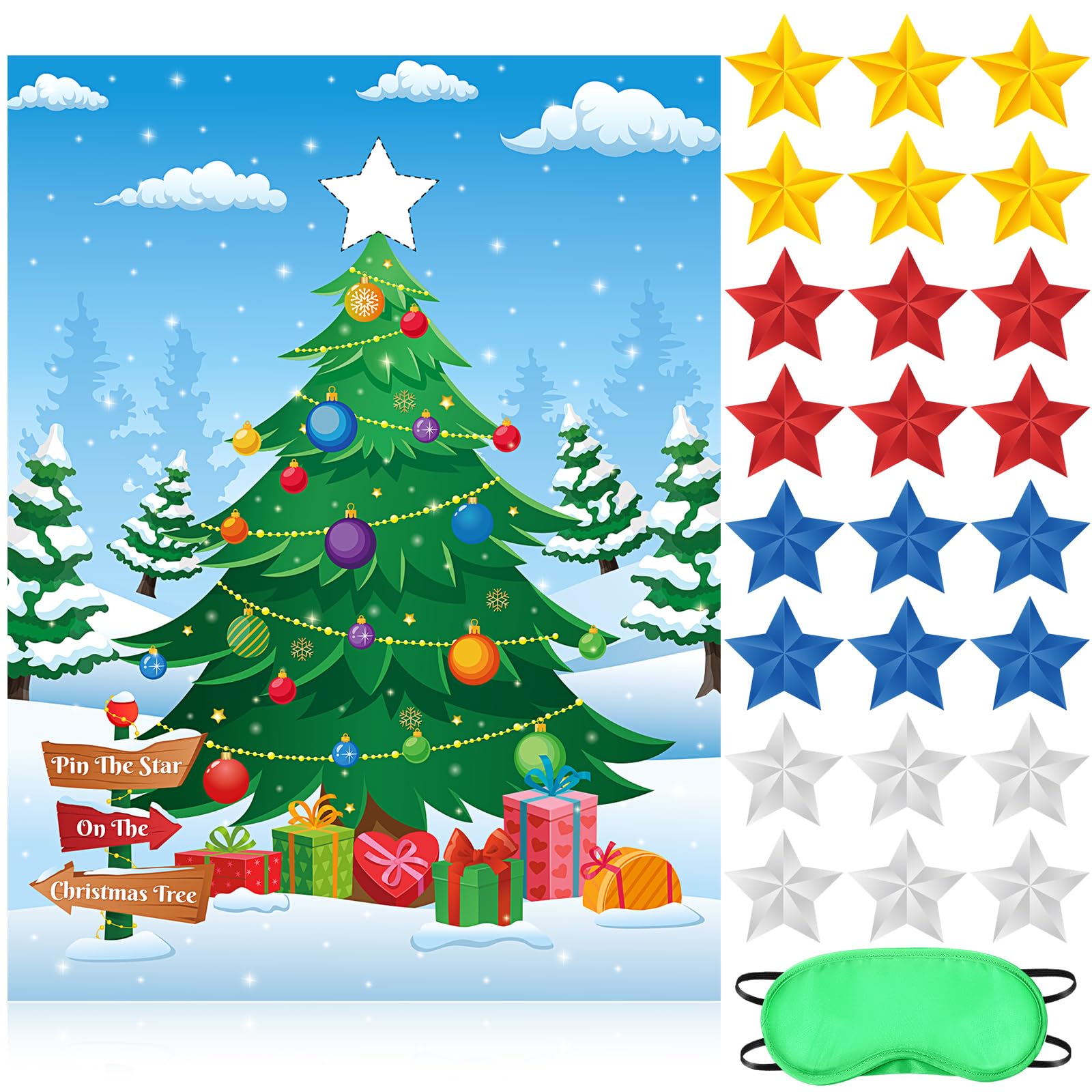 Faccito Pin The Star on The Christmas Tree Game Christmas Games for Party Xmas Games with Large Poster Sticker Blindfold Pin The