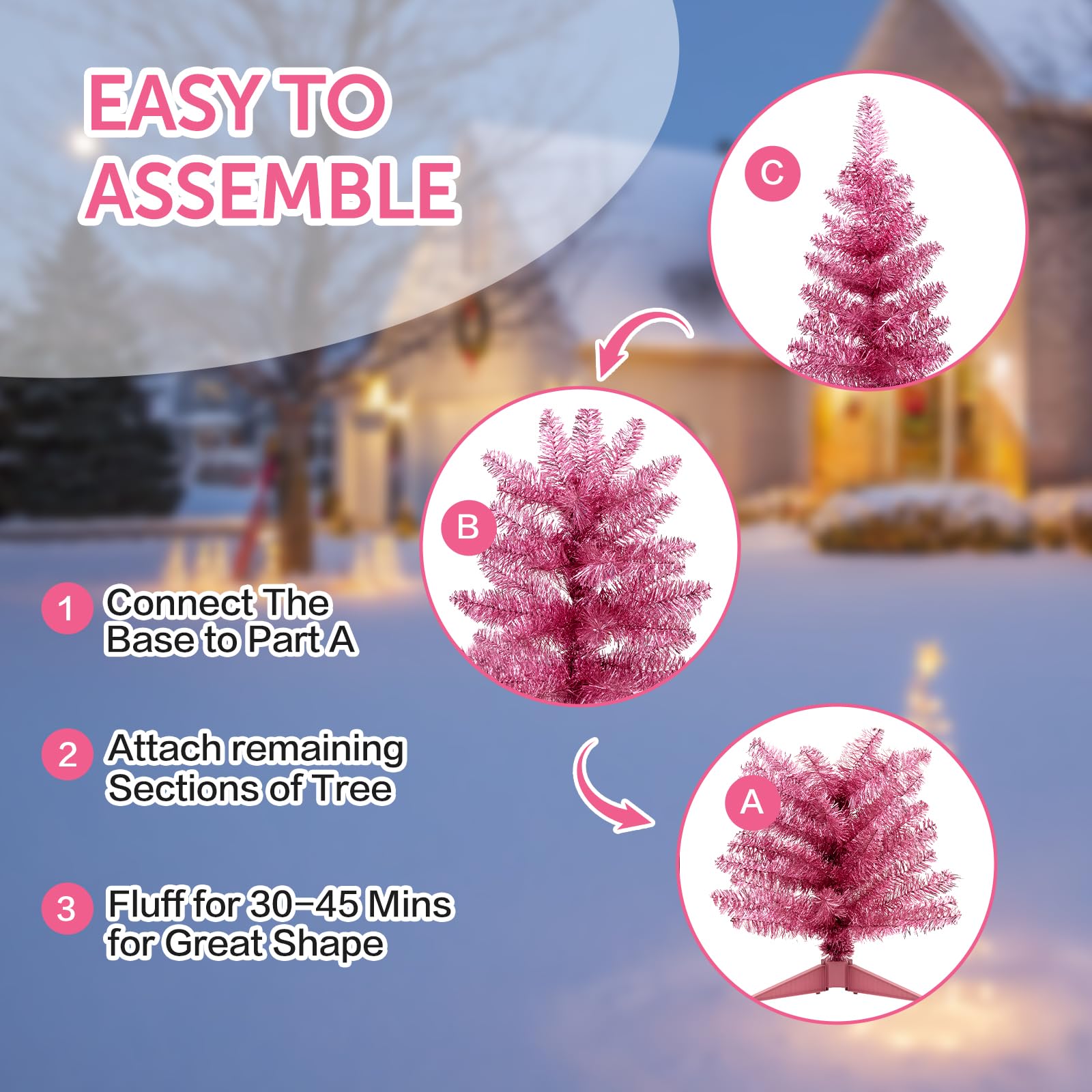 Santanelo 4FT Pink Artificial Christmas Tree with Light, Small Snowy Artificial Xmas Tree, Not Pre-lit mini Pink Tree with Light