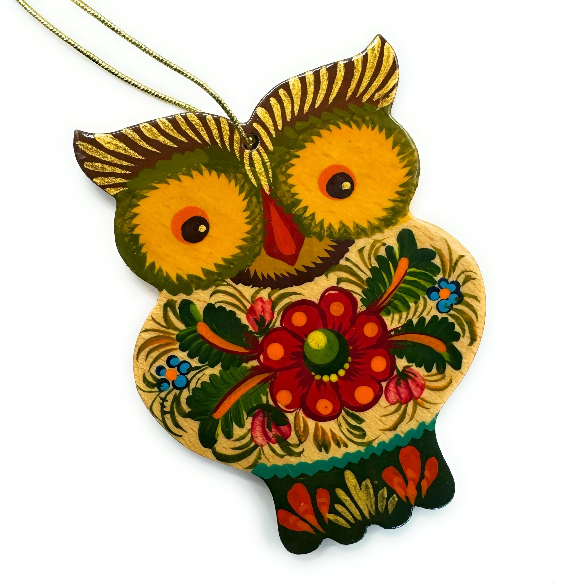 Christmas Ornament Owl Wooden Ukrainian Country Hand-painted 2,6 ? 3,7 ? 0,2 Inch Owl Boho Decoration for Hanging and Collectibl