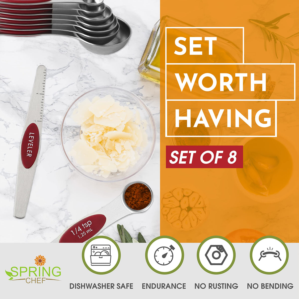 Spring Chef Magnetic Measuring Spoons Set, Dual Sided, Stainless Steel ...