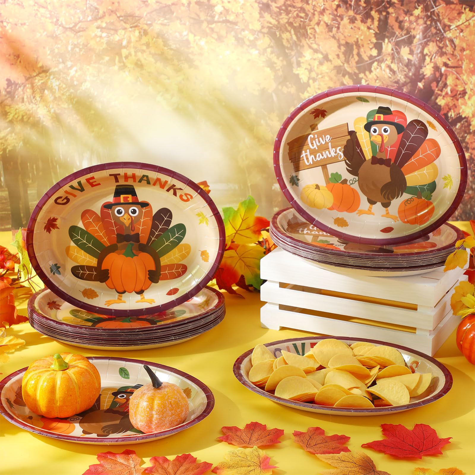 Pajean 100 Pcs Thanksgiving Paper Plates Bulk Fall Oval Dinner Plates 9 x 11 Large Turkey Autumn Leaves Pumpkin Disposable Table
