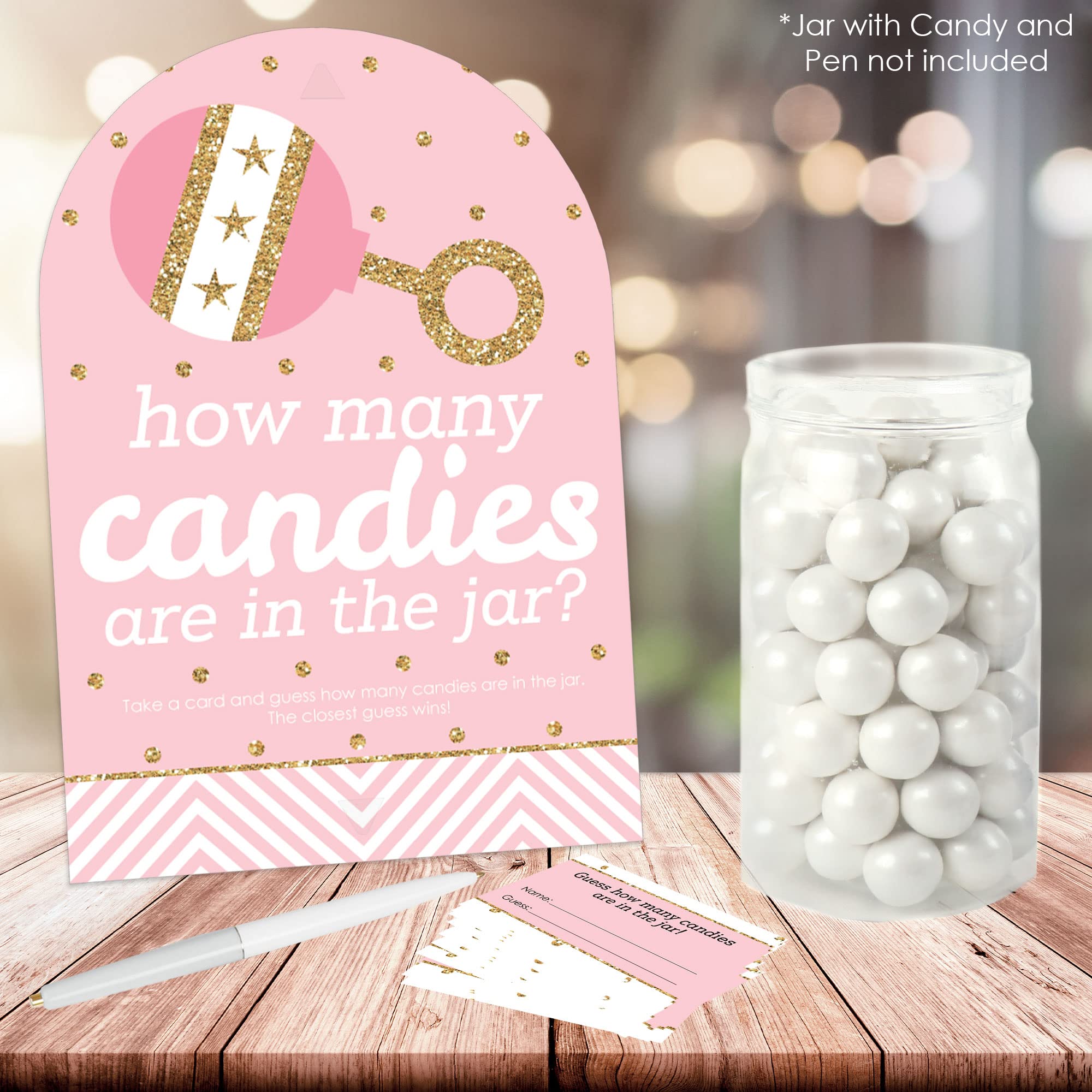 Big Dot Of Happiness Hello Little One - Pink And Gold - How Many Candies Girl Baby Shower Game - 1 Stand And 40 Cards - Candy Gu