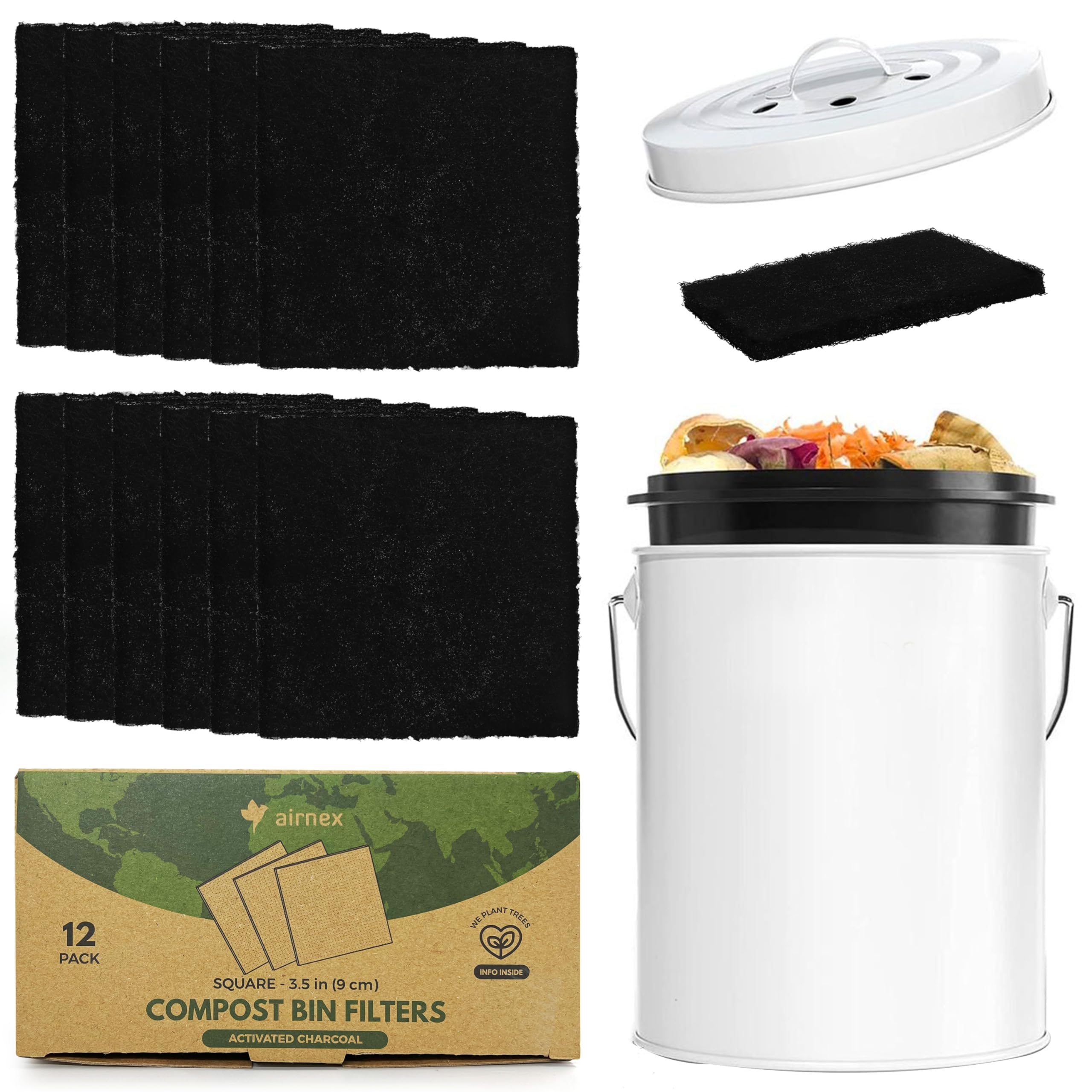 Charcoal Filters For Compost Bucket 3.5 Inch Square - Pack Of 12 Odor Blocking Compost Filters For Countertop Bin, Trash Cans An