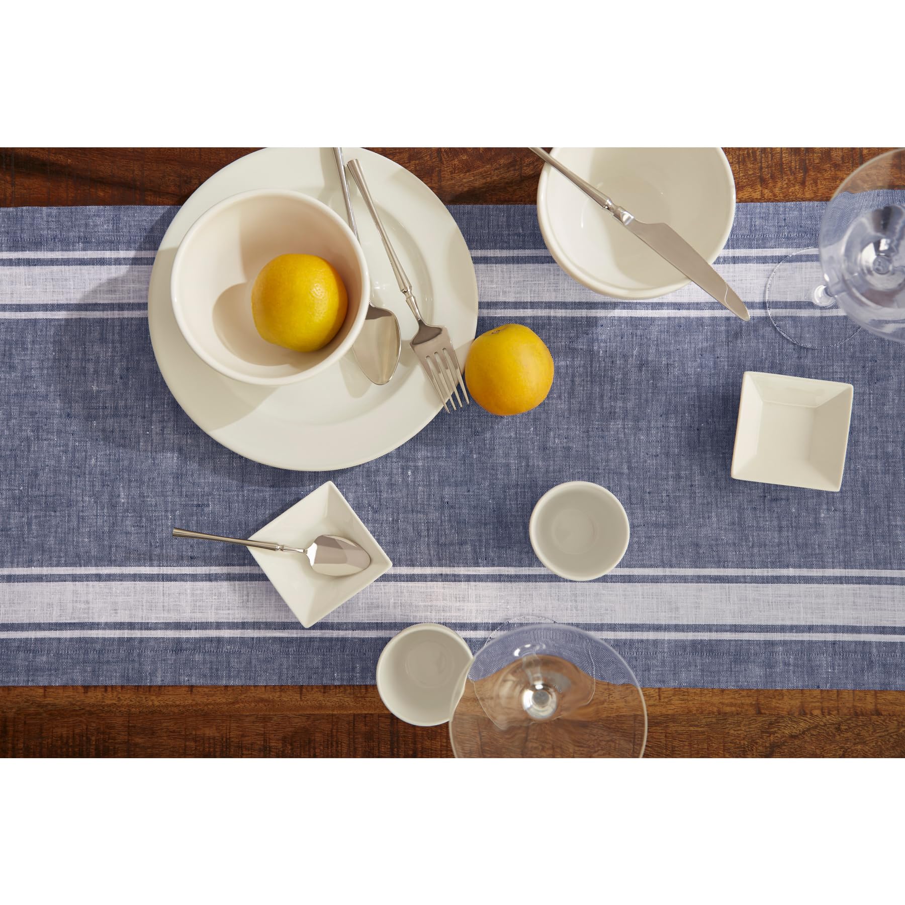 Solino Home Stripe Linen Blue And White Table Runner 120 Inches Long - 100% Pure Linen Farmhouse Stripe Dining Table Runner 14 X