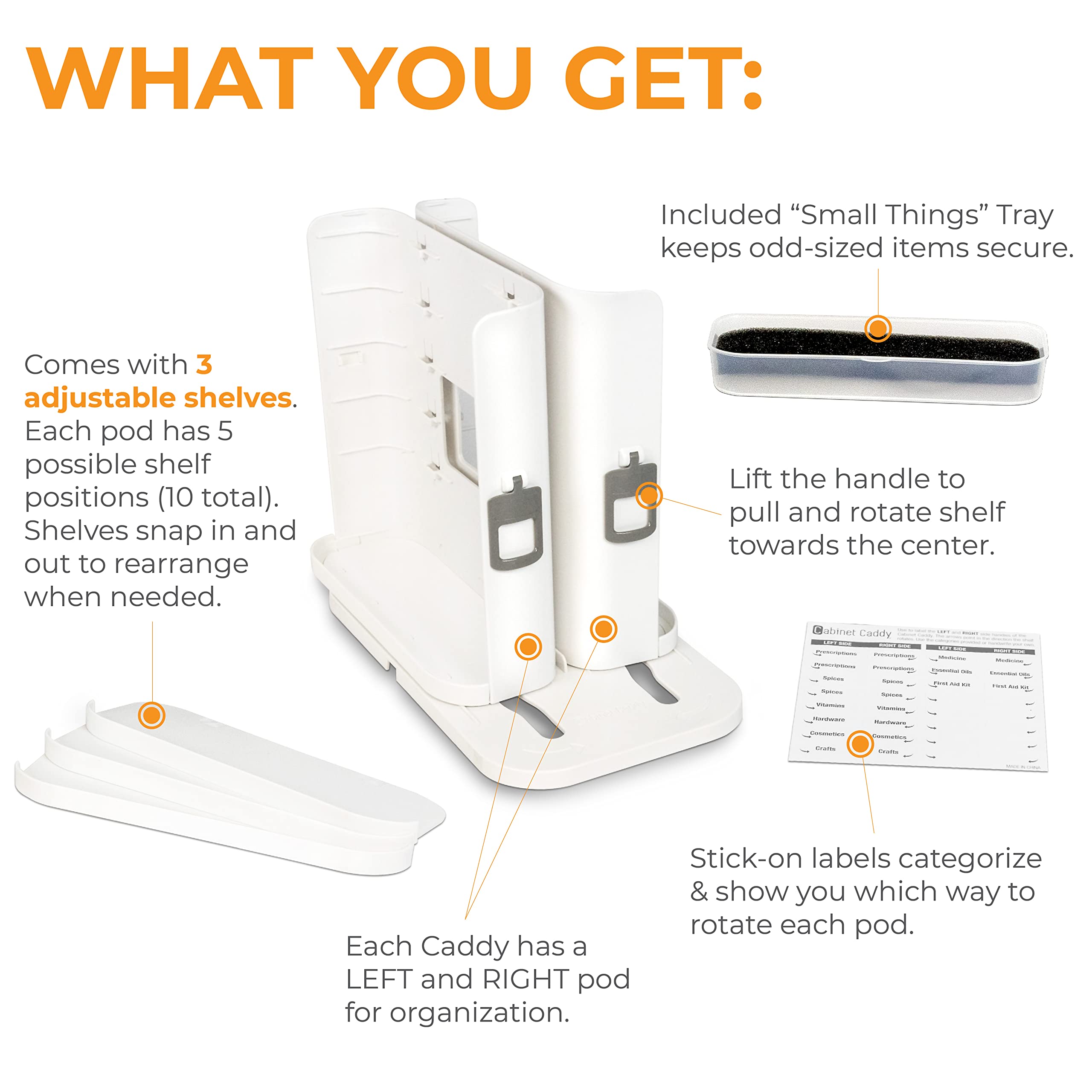 Cabinet Caddy SNAP! Sliding Spice Rack Organizer for Cabinet - Pull & Rotate Seasoning Organizer - 3 Snap-In Adjustable Shelves