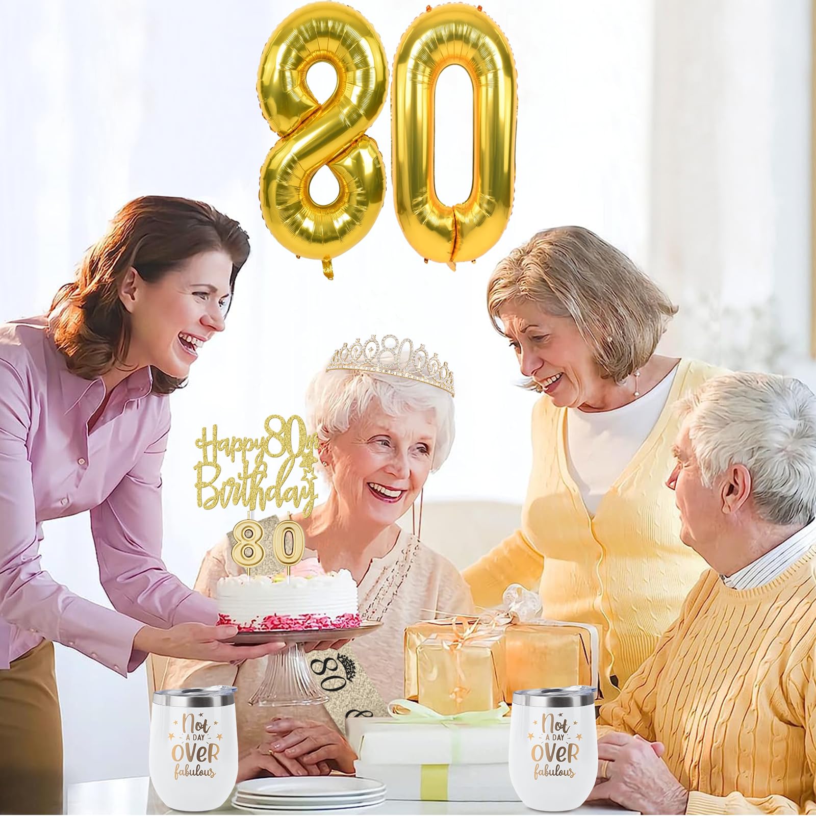80Th Birthday Decorations For Women Gold With 80Th Birthday Sash And Tiara, 80Th Birthday Cake Topper And Birthday 80 Candles, B