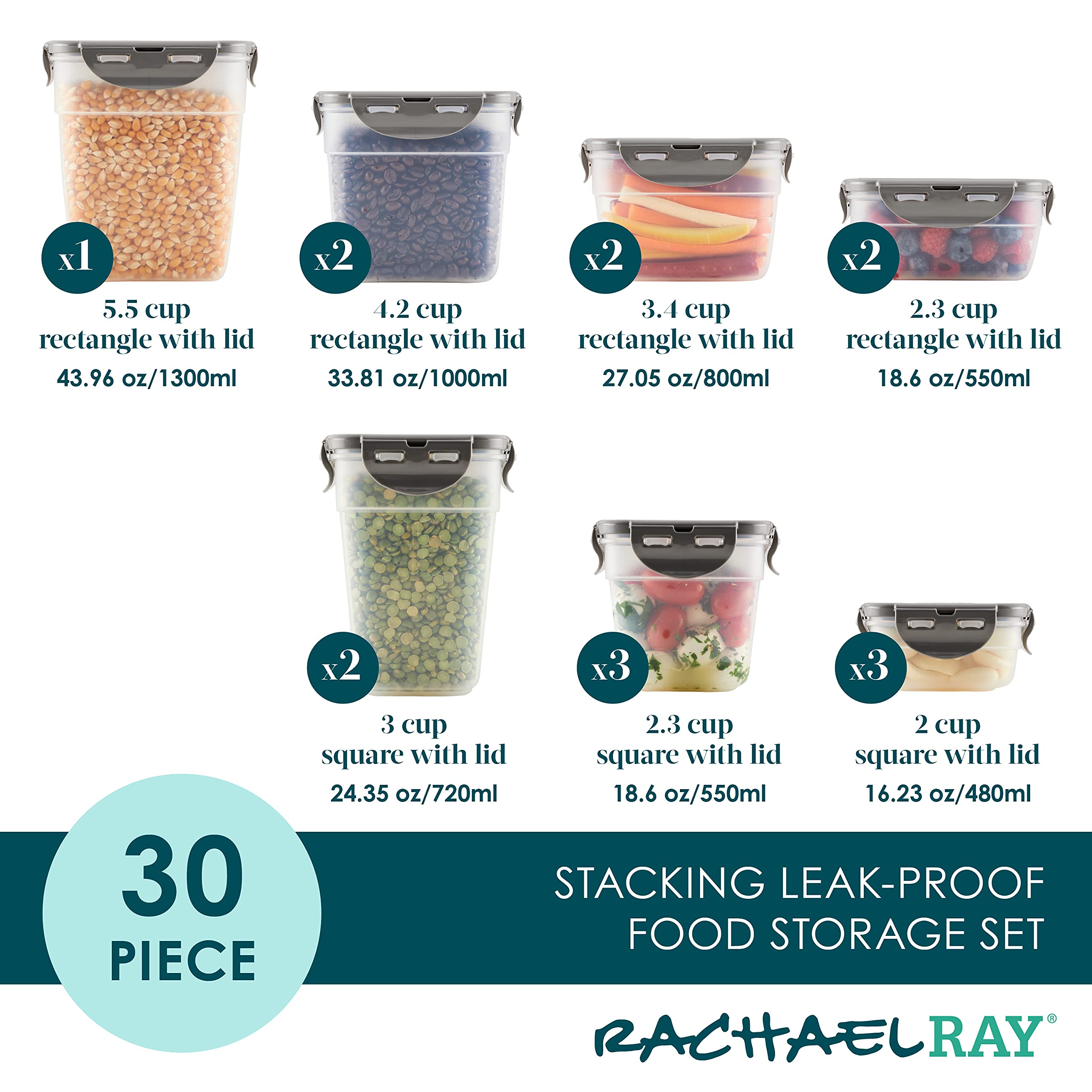 Rachael Ray Leak-Proof Stacking Container Food Storage Bin Set, 30-Piece, Clear With Gray Lids