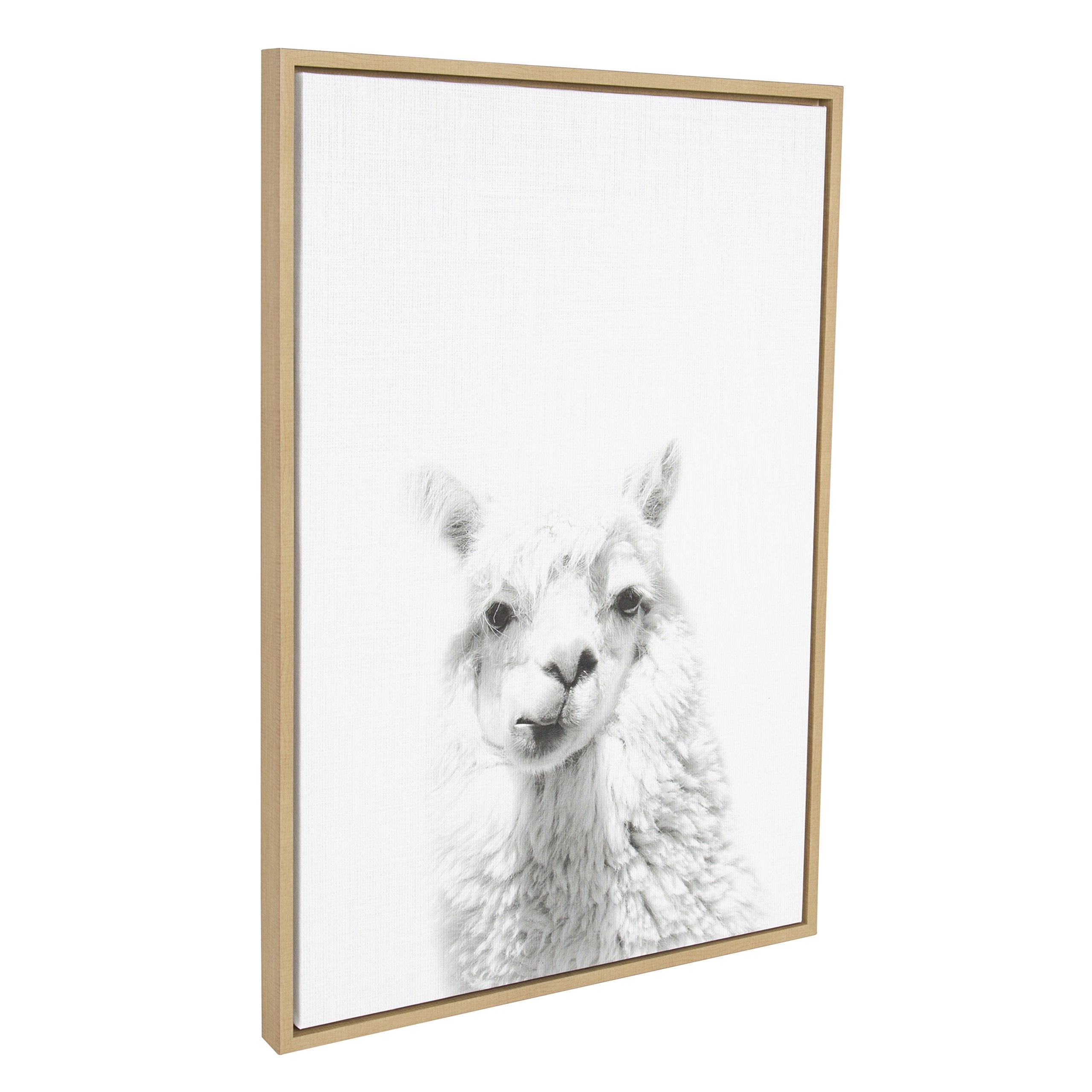 Kate And Laurel Sylvie Alpaca Animal Print Black And White Portrait Framed Canvas Wall Art By Simon Te Tai, 23X33 Natural