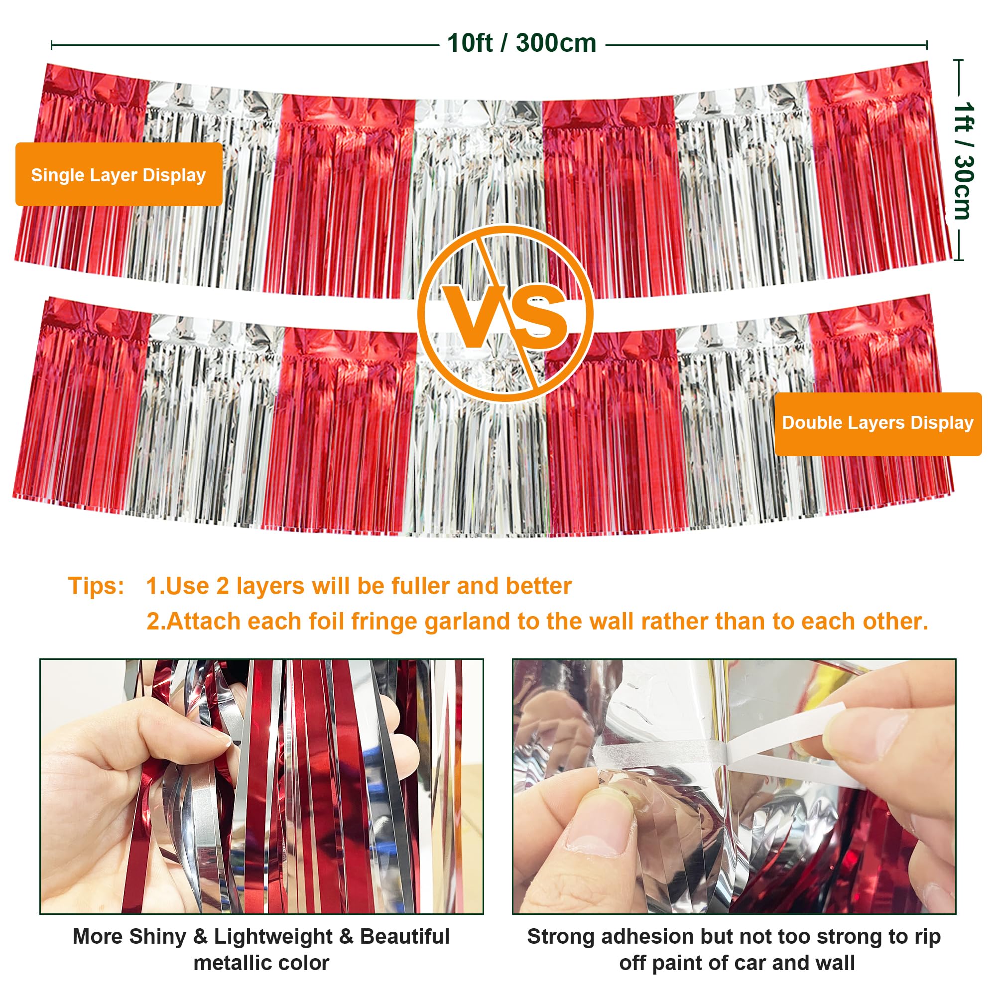 4 Pack 10 Feet Red Silver Foil Fringe Garland Metallic Tinsel Streamers Banner Fringe Curtain Banner For Parade Floats Wedding G