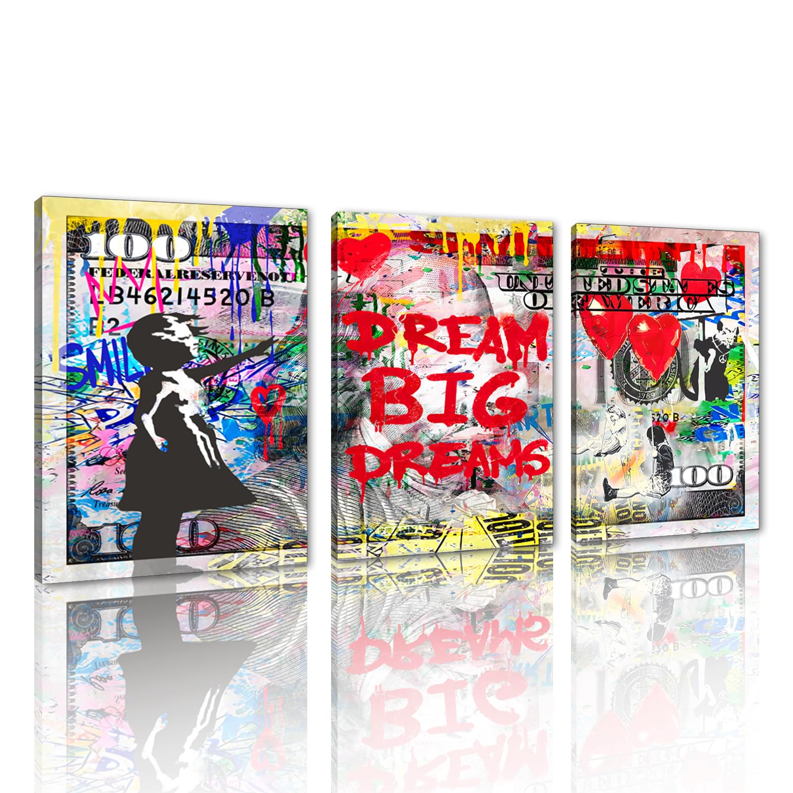 MAMAGO 3 Set of Graffiti Inspirational Canvas Wall Decor Banksy Dollar Painting DREAM BIG DREAMS Motivational Quotes Poster for 