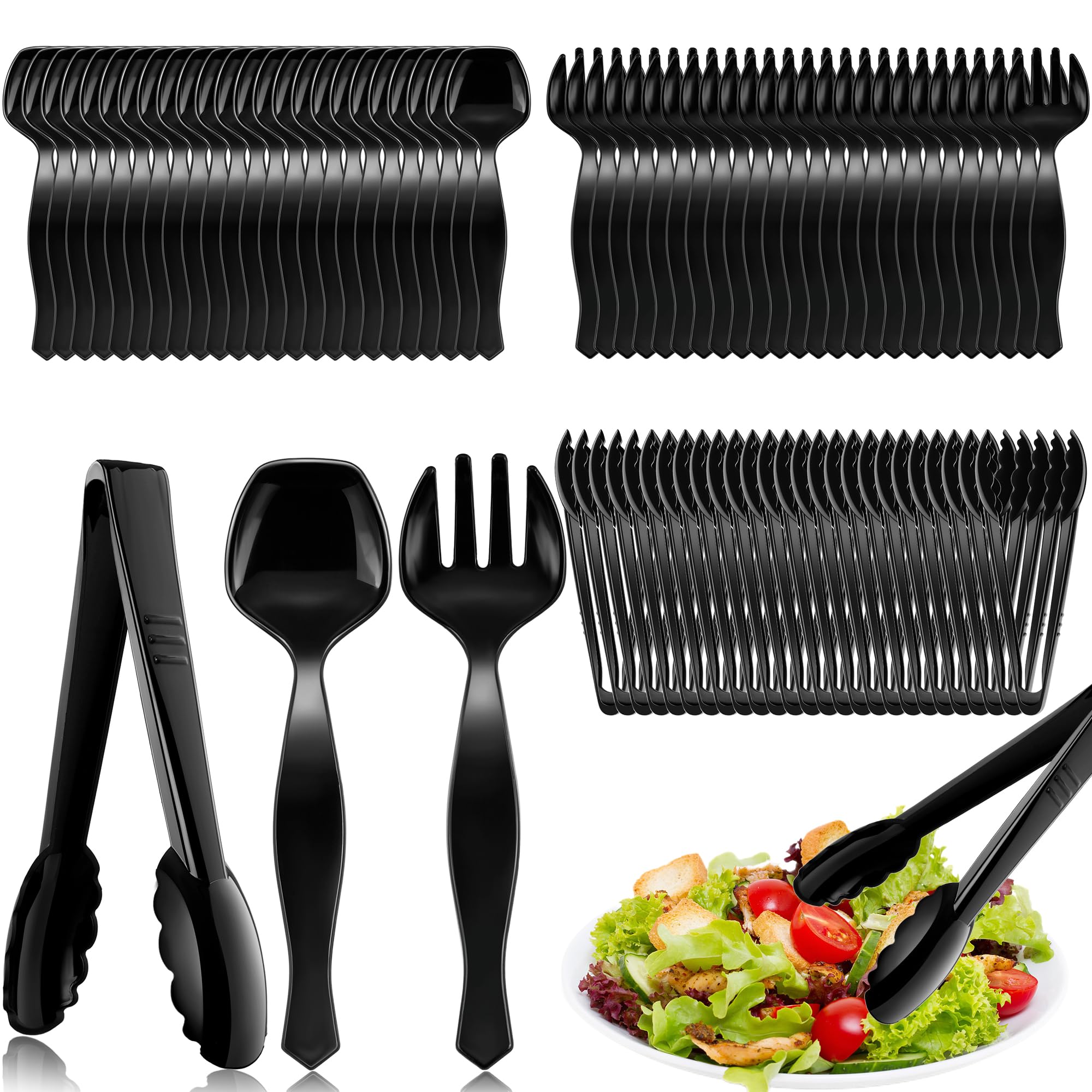 Mwellewm 72Pcs Plastic Serving Utensils Set Large Disposable Serving Spoons Fork and Tongs for Serving Food 8.5 Heavy Duty Bla