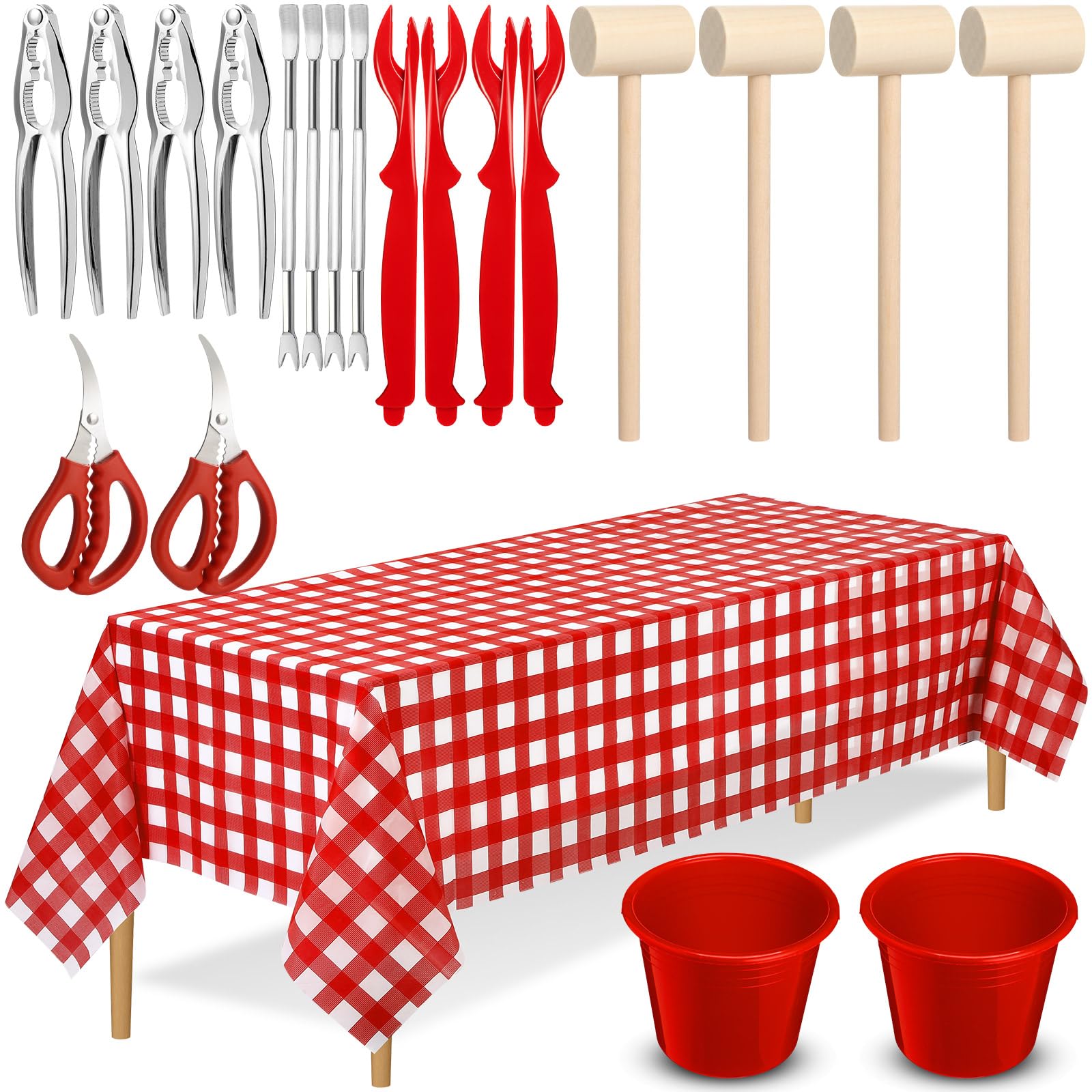 SmoothNovelty 21 Pcs Seafood Tools Set Seafood Boil Party Supplies, Tablecloth Crawfish Crackers Scissors Lobster Sheller Hammer
