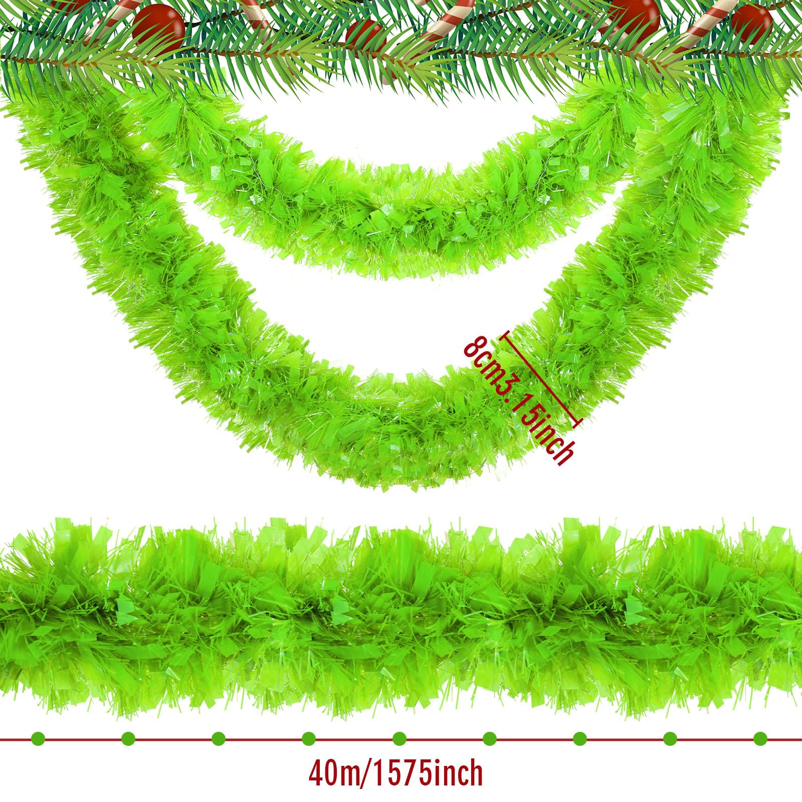 Riceshoot 131.23 ft Christmas Tinsel Garland Lime Green Metallic Garland Decoration Hanging Twist Glittering Christmas Garlands