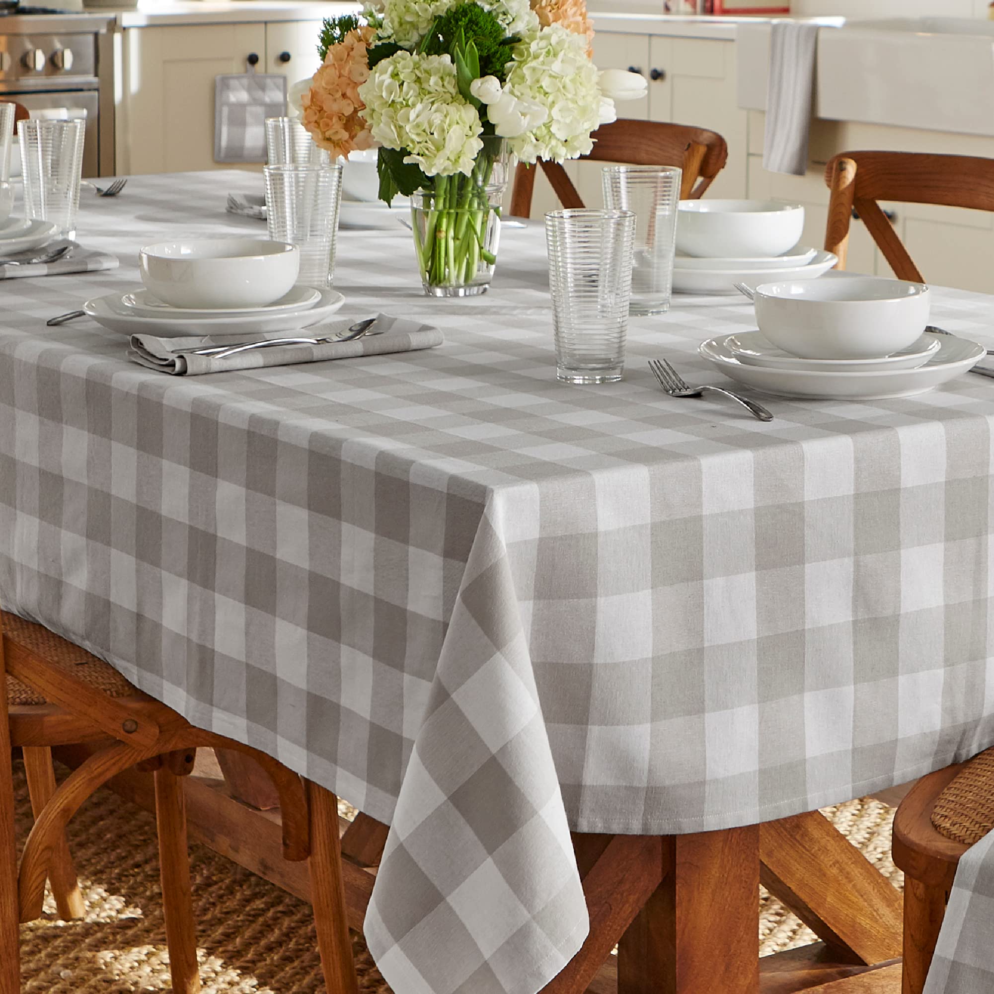 Elrene Home Fashions Farmhouse Living Buffalo-Check Tablecloth, 60'' X 102'', Gray/White