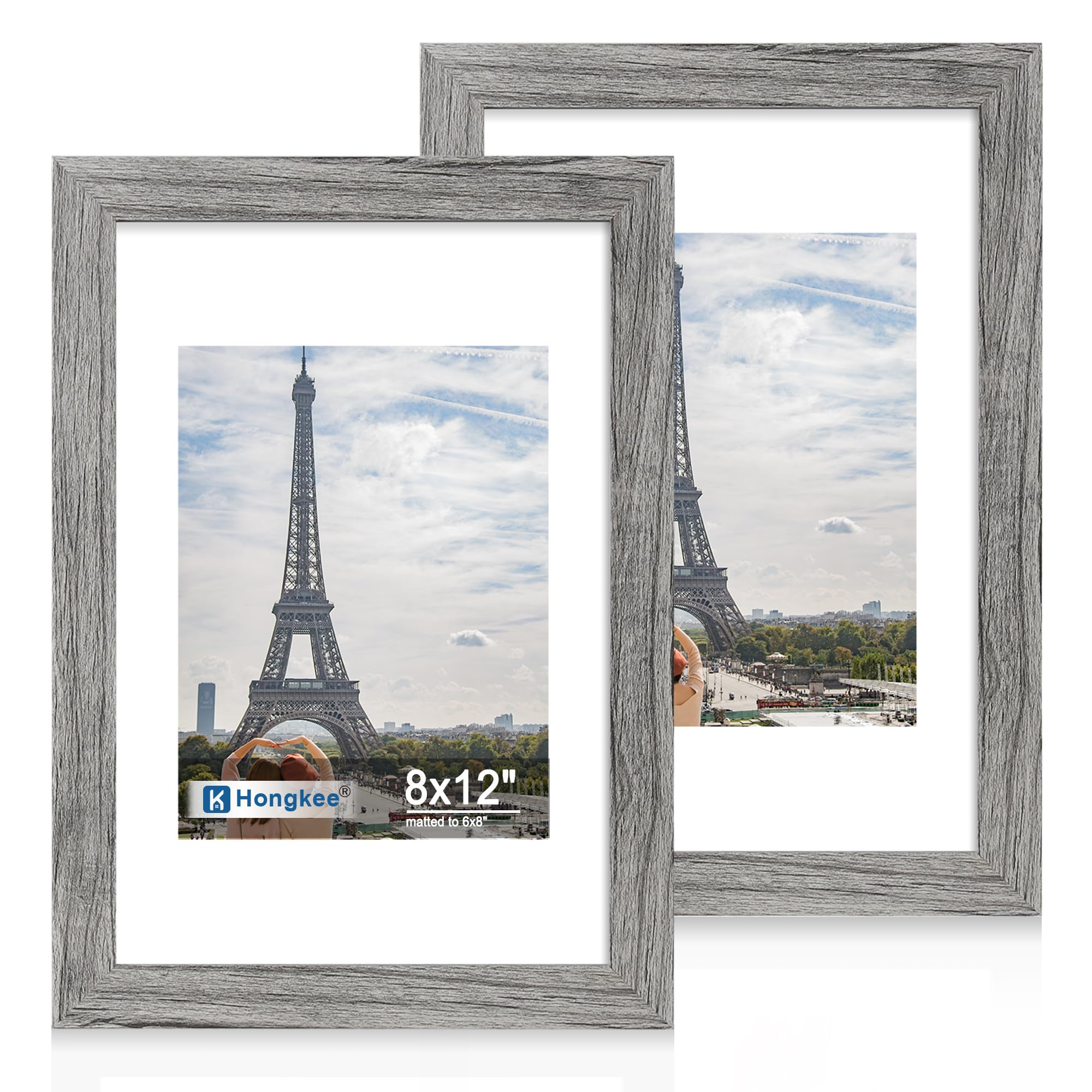 Hongkee 8x12 Picture Frame Set of 2, Made of Real Glass and Grey Wooden Frame - Display Pictures 6x8 with Mat or 8x12 Without Ma