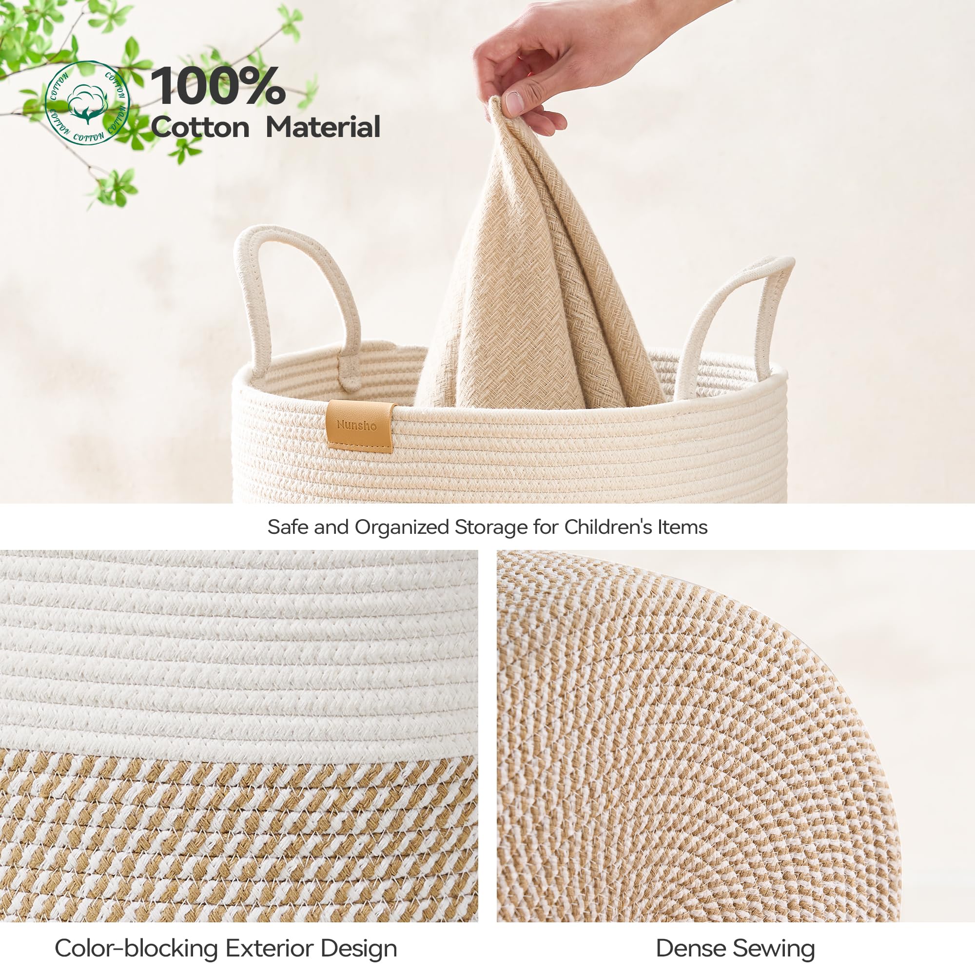 Nunsino 75L Laundry Hamper Basket,Baby Nursery Woven Storage Basket For Toys Bin,Pillows,Blankets,Clothes,Brown&White