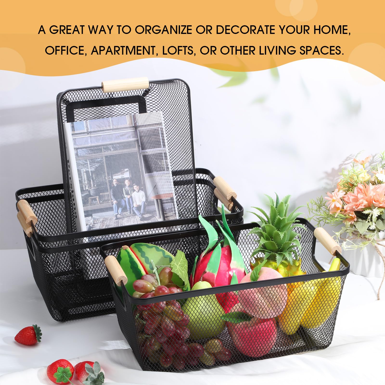 Ziliny 4 Pcs Metal Wire Basket With Wooden Handles Mesh Steel Storage Baskets Organizer Bin Basket Containers For Home Cabinet P