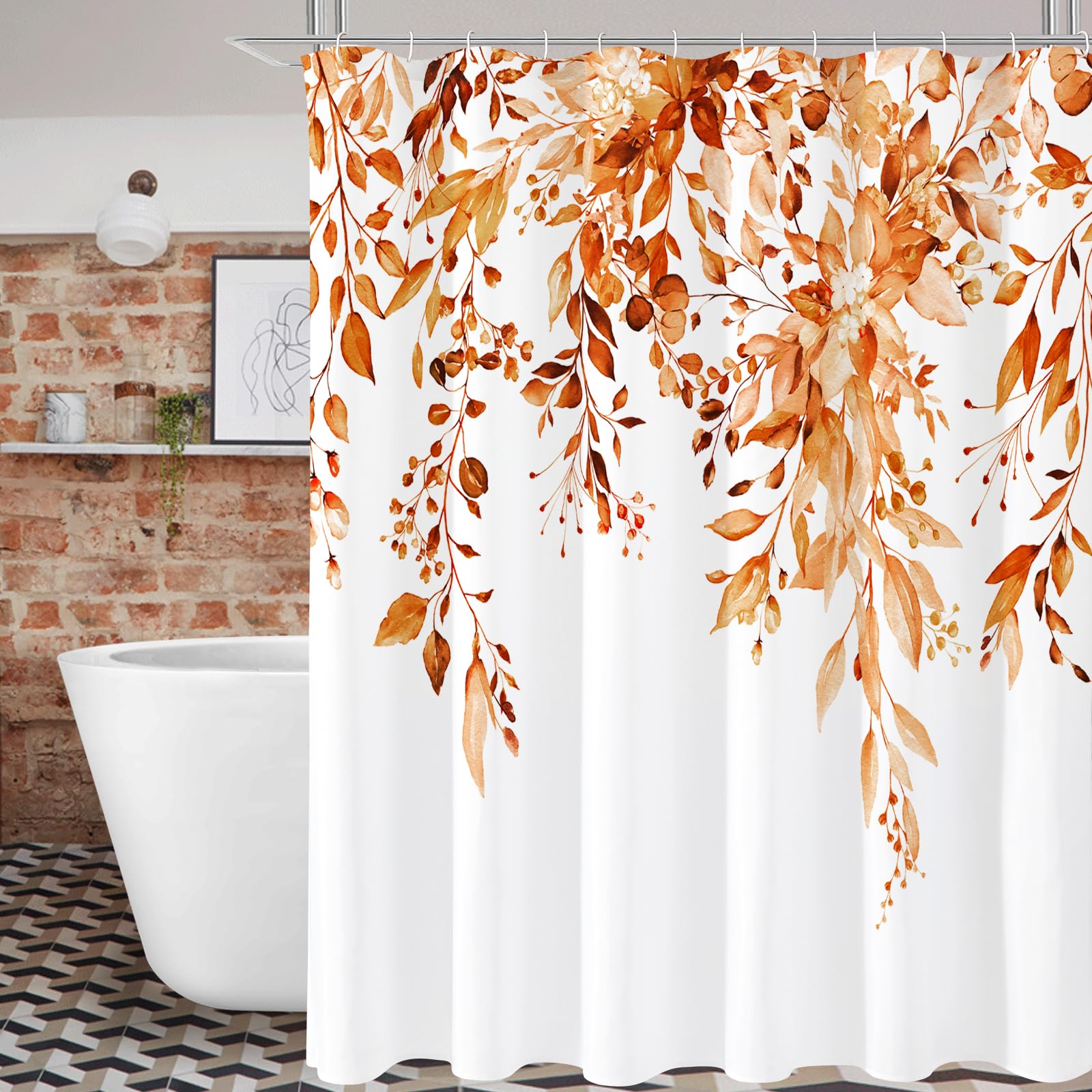 Gibelle Extra Long Shower Curtain 72 X 84, Orange Floral Shower Curtain For Bathroom, Fall Watercolor Plant Eucalyptus Leaves Fa