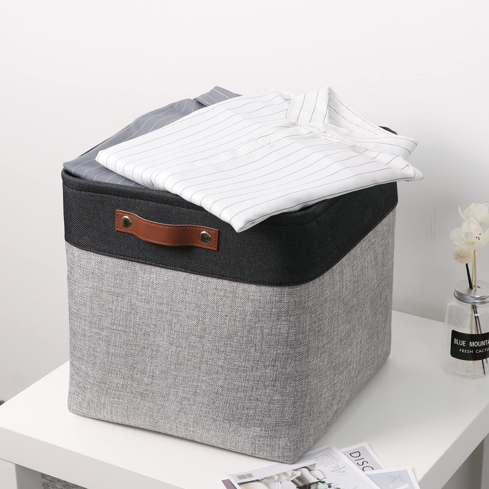 Temary Cube Storage Baskets 13 X 13 X 13 Fabric Storage Bins for Toys  Large Baskets Organization with Handles  Baskets for Organizing Towels  Blankets  Collapsible Shelf Baskets (Black&Gray)
