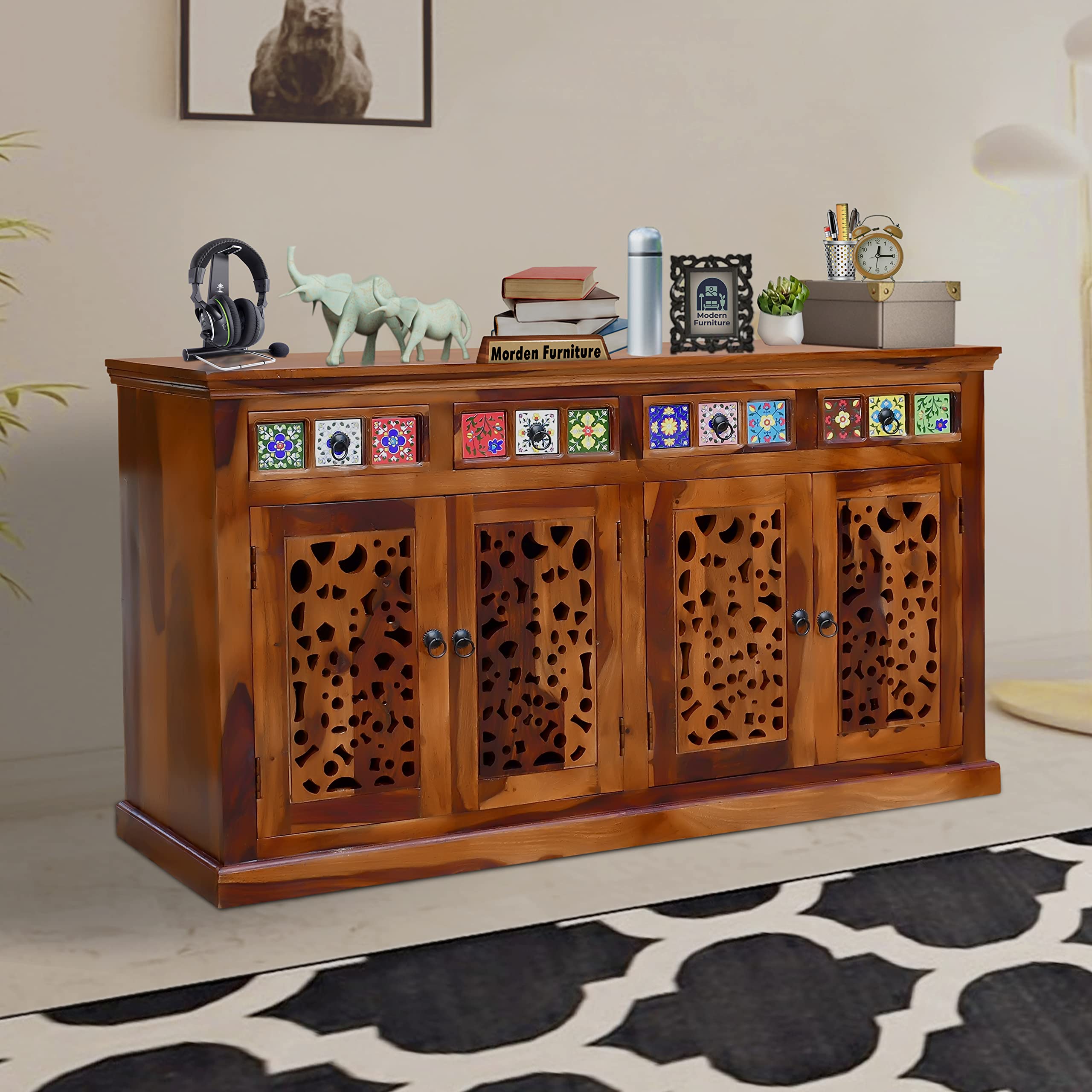 Sona Art & Crafts Cnc Solid Sheesham Wood Sideboard Cabinet Storage Organizer With 4 Drawer & Door Cabinet For Home Kitchen Livi