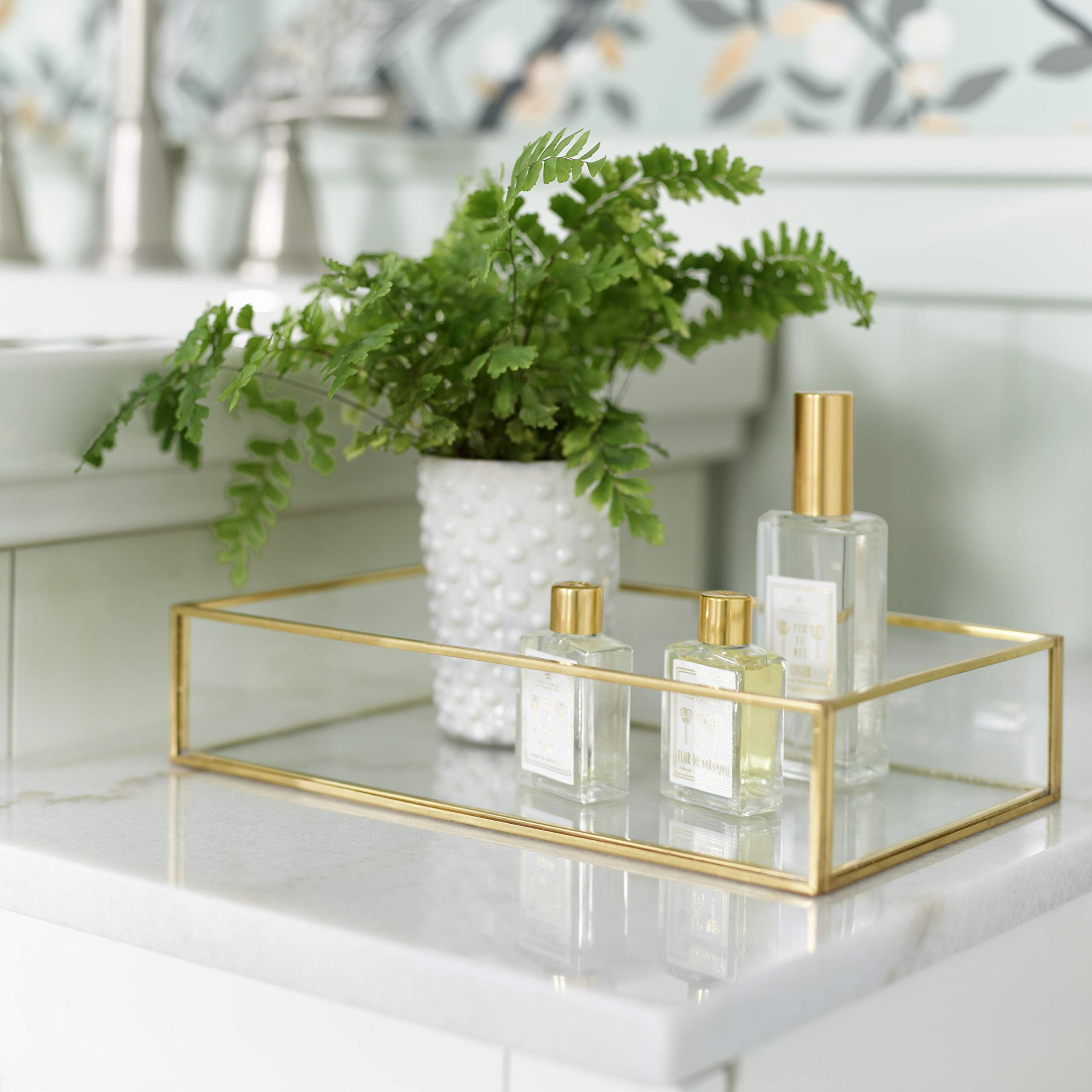 Ruhi Collections Rectangle Glass Tray With Gold Rim And Mirror Base Vanity Table Decoration [9 X 7 Inches]