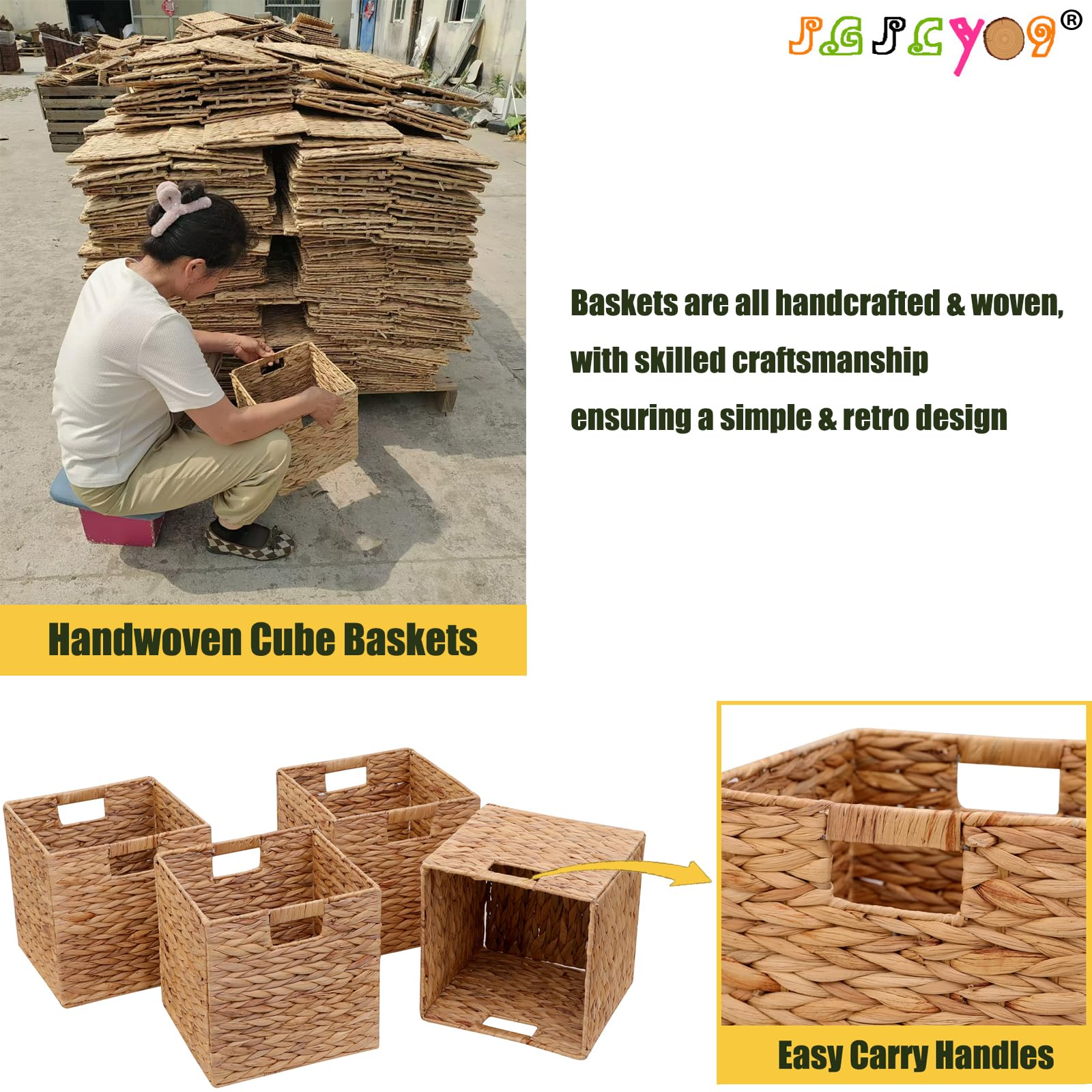 Jgjcyo9 Storage Baskets Wicker Cube Baskets Foldable Handwoven Water Hyacinth Laundry Organizer,Set Of 4 Pcs Baskets-11X11X11Inc