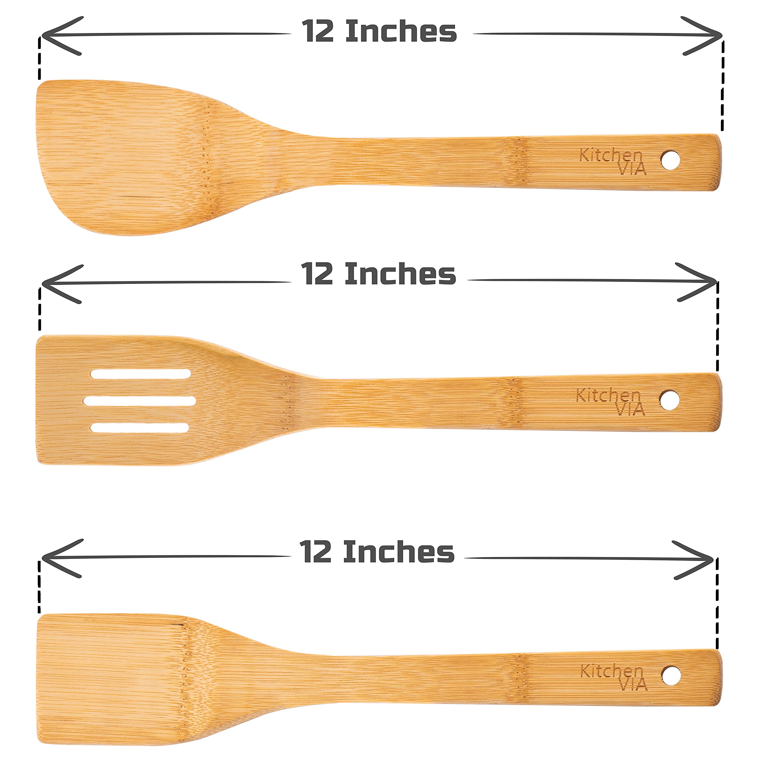 Kitchenvia Carbonized Bamboo Spatula Set - 3 Piece Bundle Of Sustainable, Natural, And Stylish Cooking And Serving Utensils