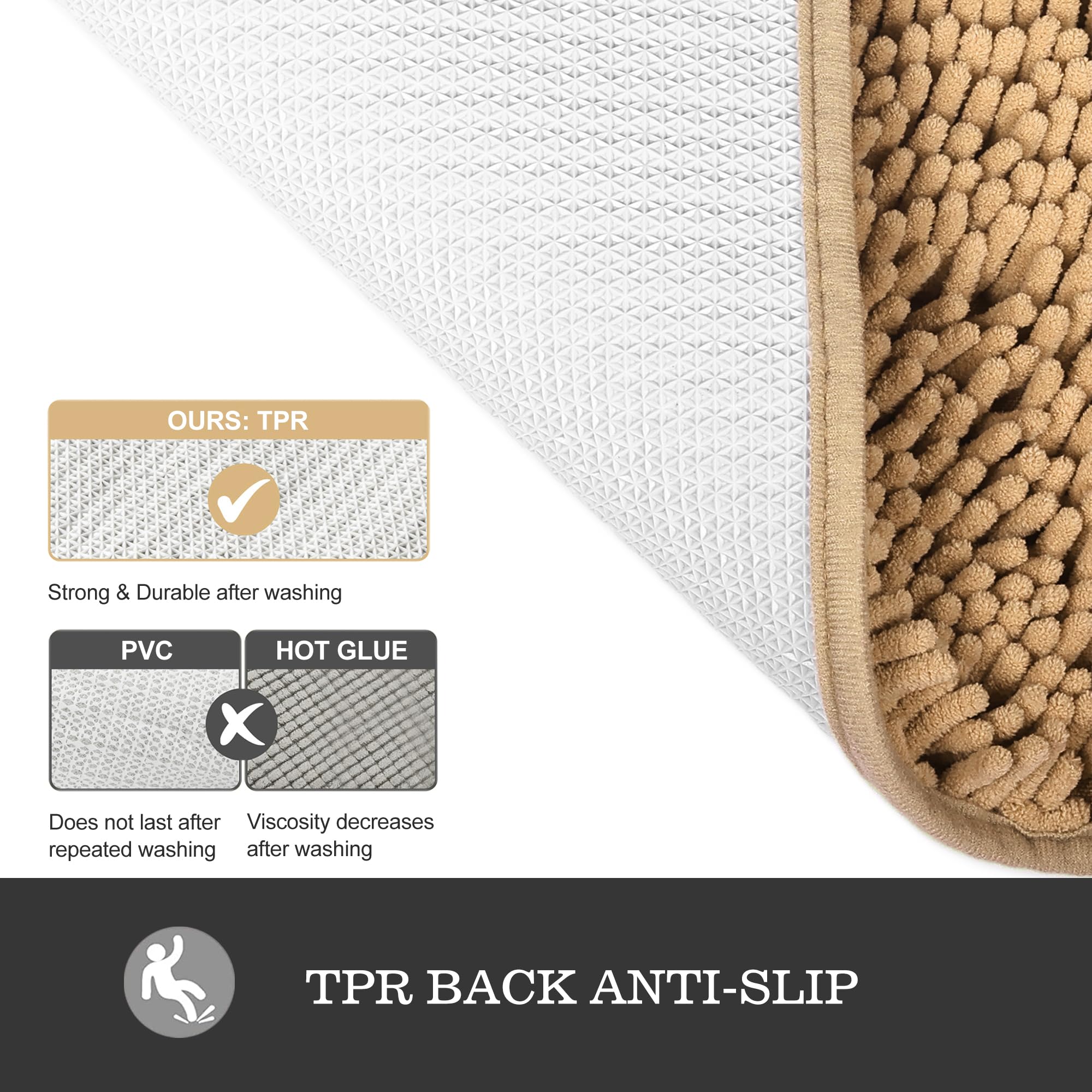 Yeaban Beige 47 X 17 Bathroom Rug - Thick Chenille Bath Mats | Absorbent And Washable Bath Rug Non-Slip, Plush And Soft Rugs For