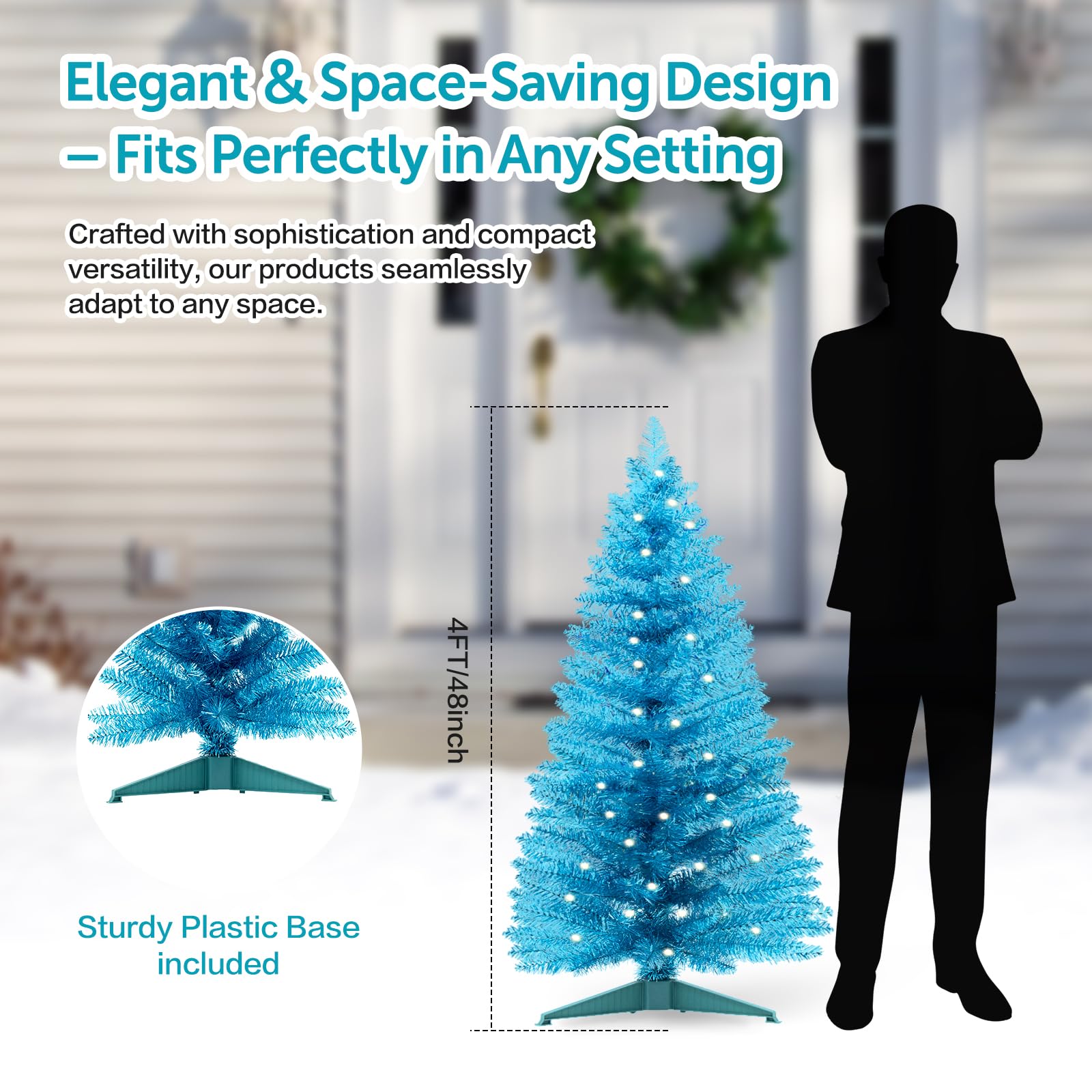 Santanelo 4ft Lighted Artificial Blue Christmas Tree,Small Snowy Artificial Xmas Tree, Not Pre-lit White Tinsel Pine Trees with