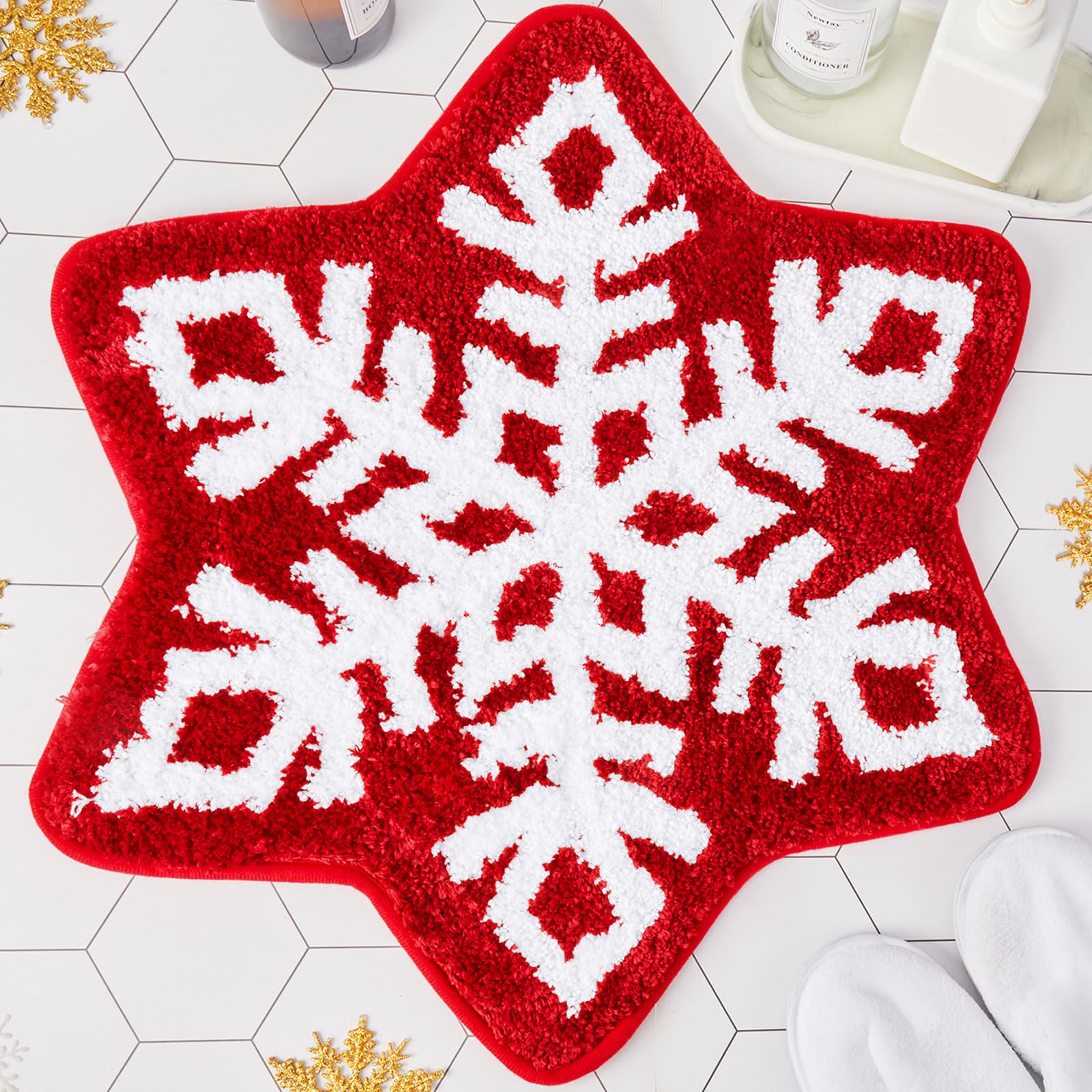 Riakrum Snowflake Rug Red Snowflake Bath Mat Winter Christmas Snowflake Bathroom Decor Welcome Mat Non Slip Christmas Bathroom R