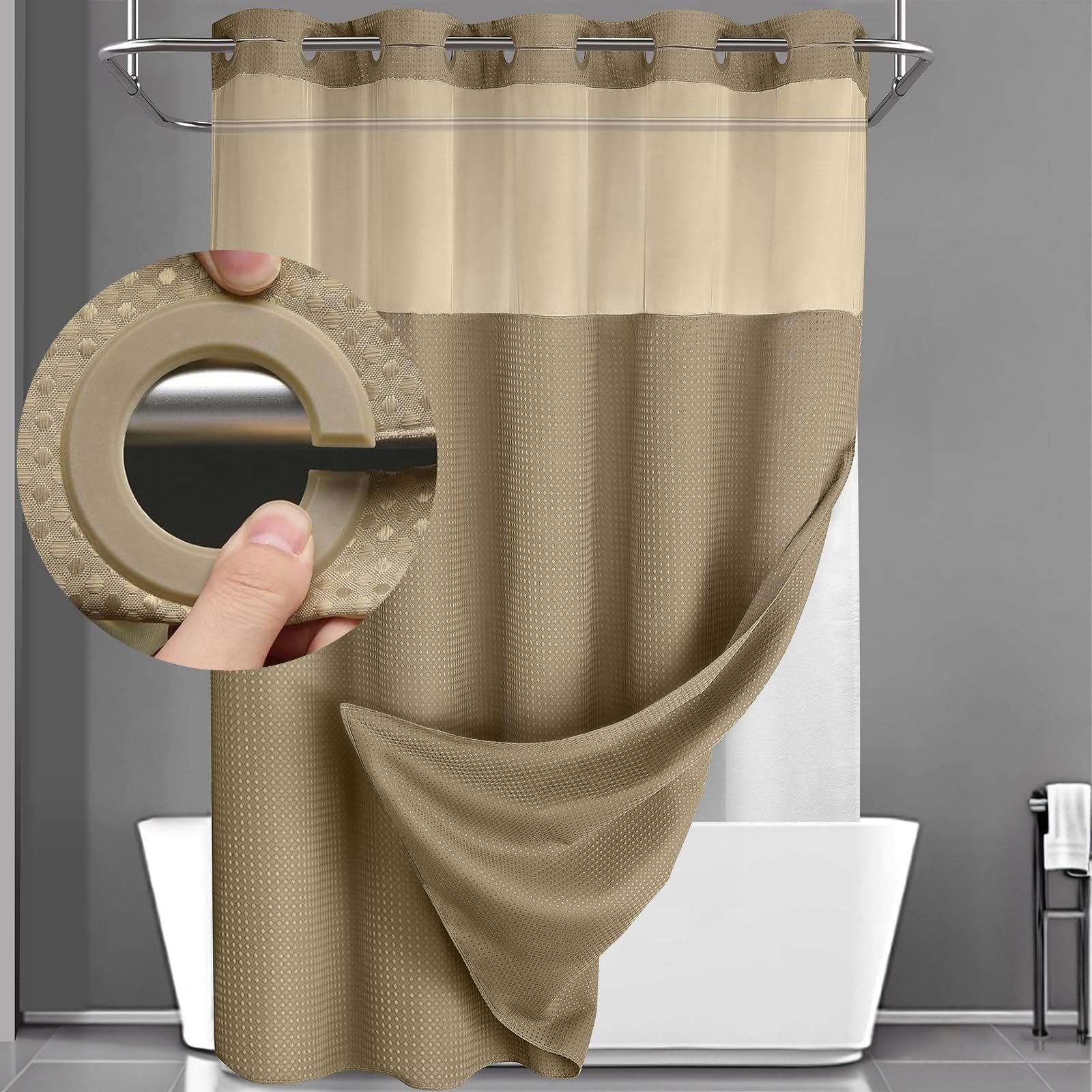 Yellyhommy No Hook Shower Curtain With Snap In Liner Set Less Time Waffle Shower Curtain For Bathroom (Beige, 81'' L X 72'' W)