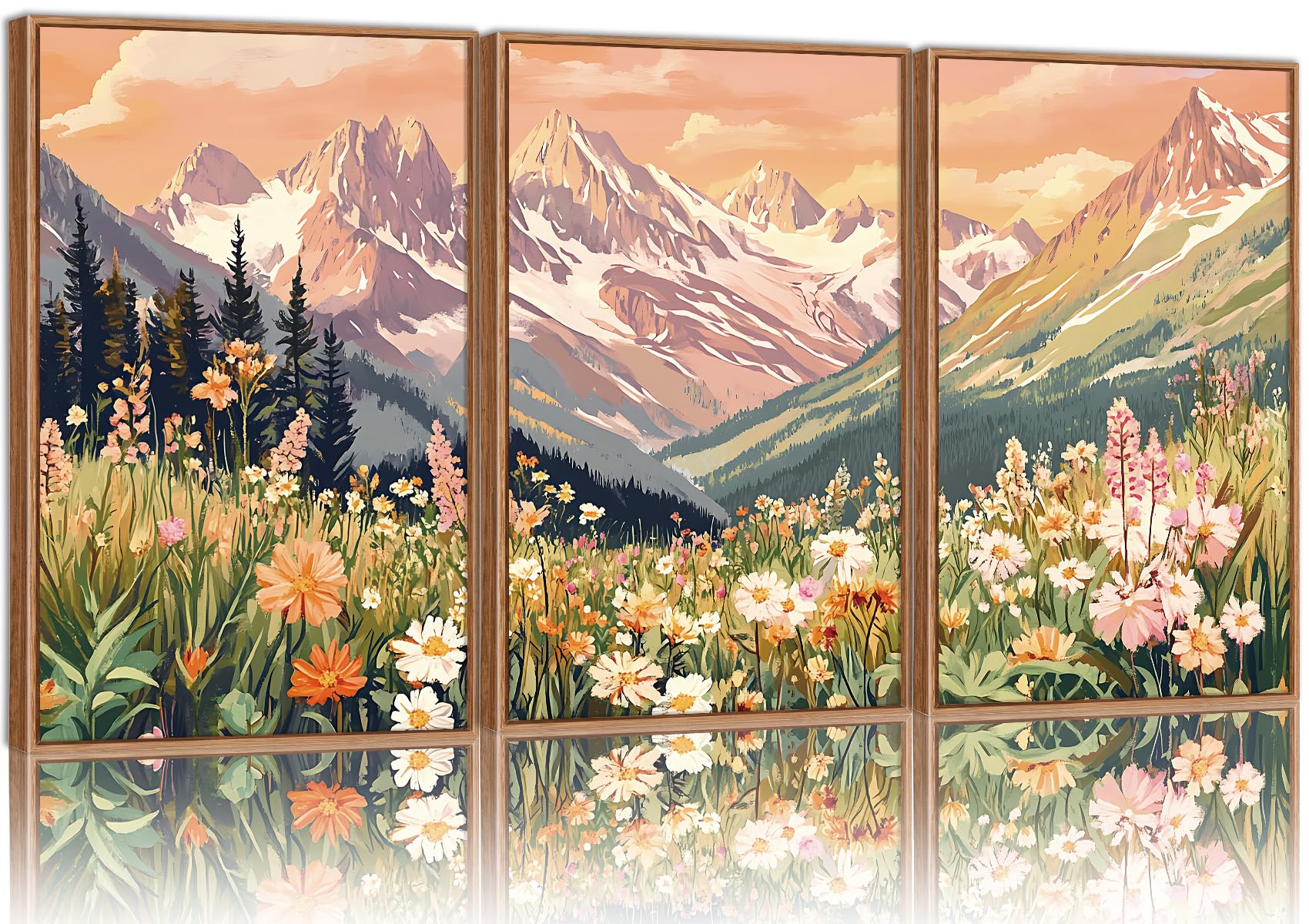 Signinart Vintage Floral Framed Canvas Wall Art Set, Large Mountains Nature Landscape Wall Decor, Bohemian Wildflower Forest Art
