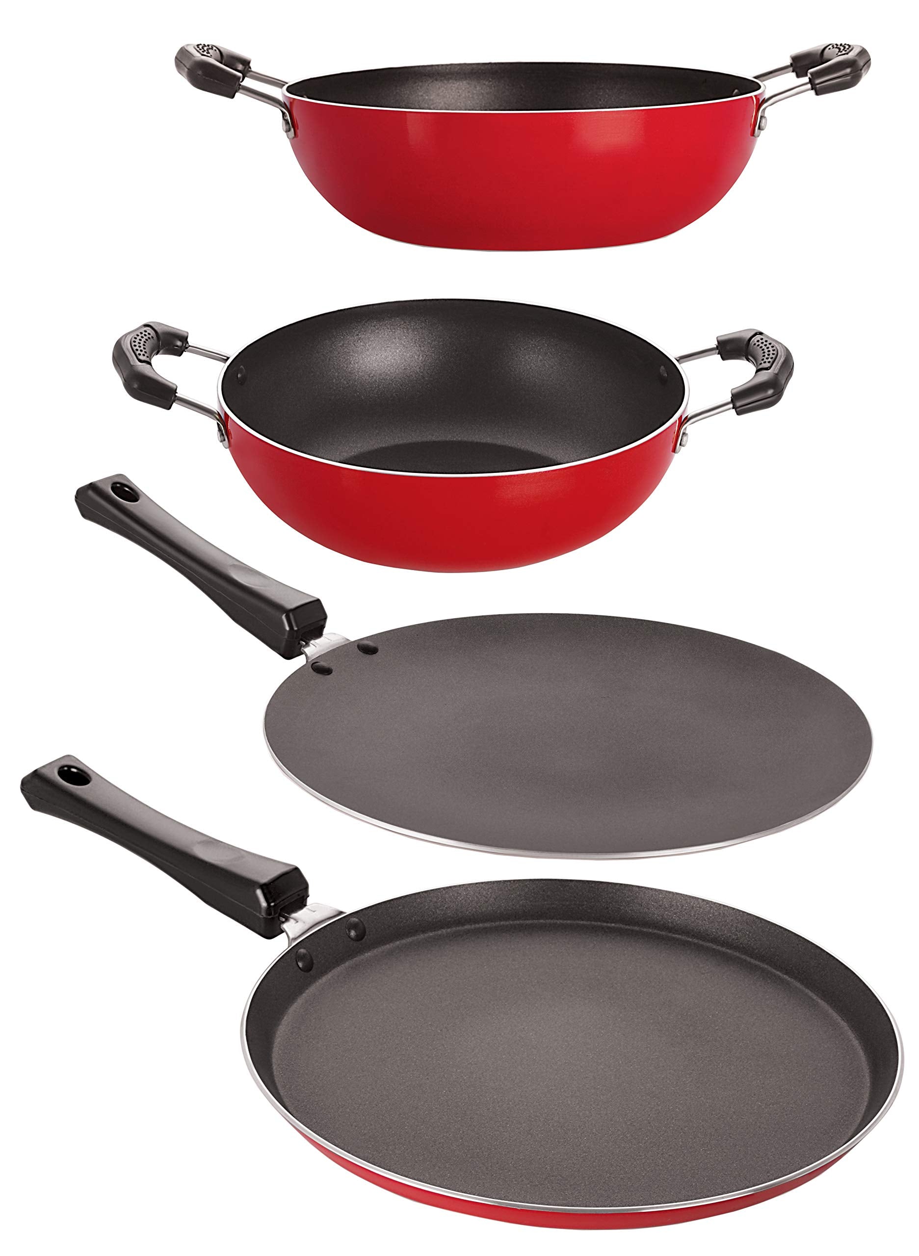 Nirlon NonStick Aluminum Cookware Set, 4Piece, Red And Black (2.6Mm_Ft13_Ct11_Kd12_Kd13)